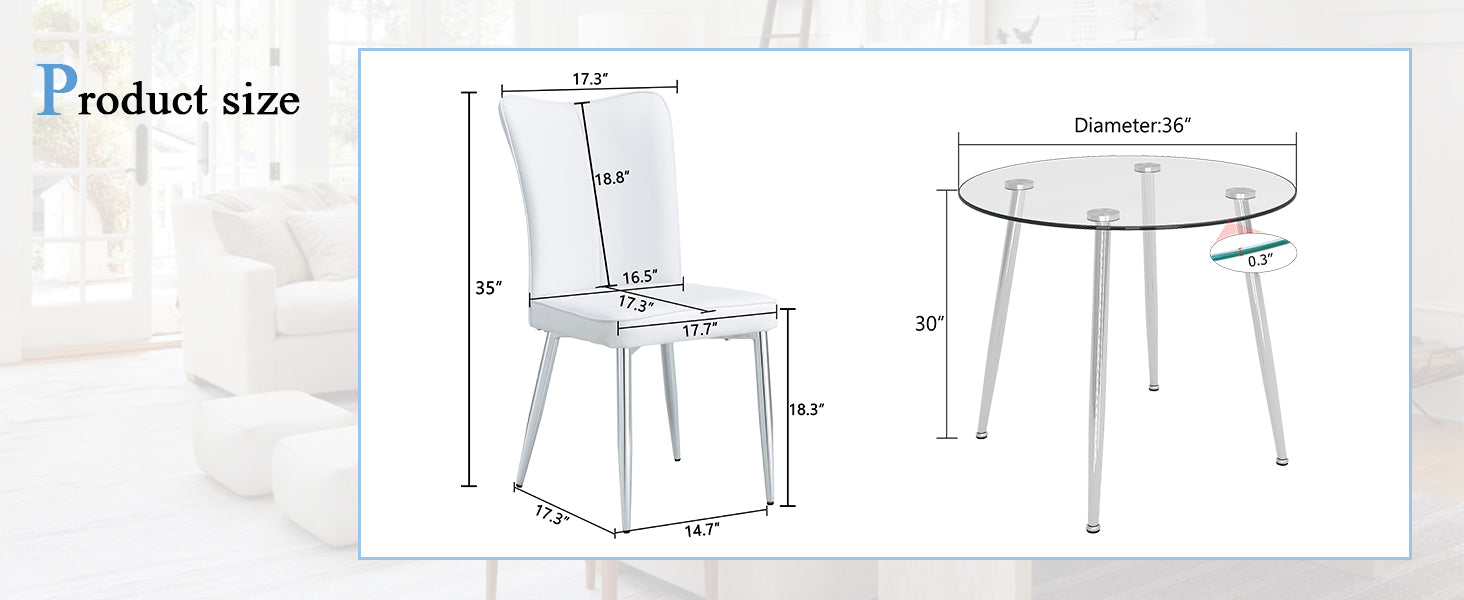 Table And Chair Set.A Modern Minimalist Round Dining Table With Transparent Tempered Glass Top And Silver Metal Legs,Paried With 4 Chairs With Pu Backrest And Seat Cushion And Silver Metal Legs. White Seats 4 Glass Metal