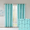 Total Blackout Metallic Print Grommet Top Curtain Panel Only 1 Pc Panel Aqua Silver Microfiber