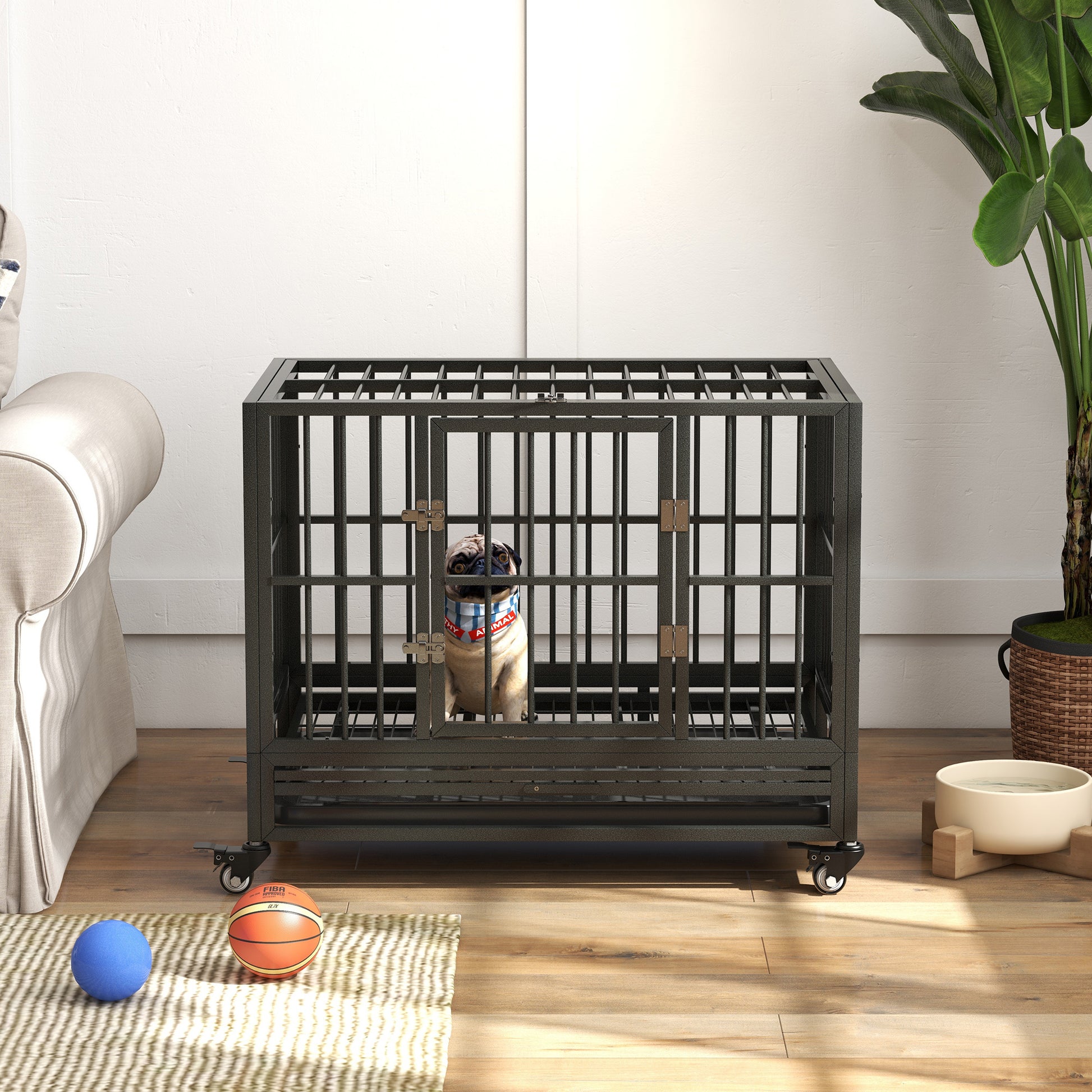 Pawhut 36" Heavy Duty Dog Crate Metal Cage Kennel With Lockable Wheels, Double Door And Removable Tray, Gray Grey Steel