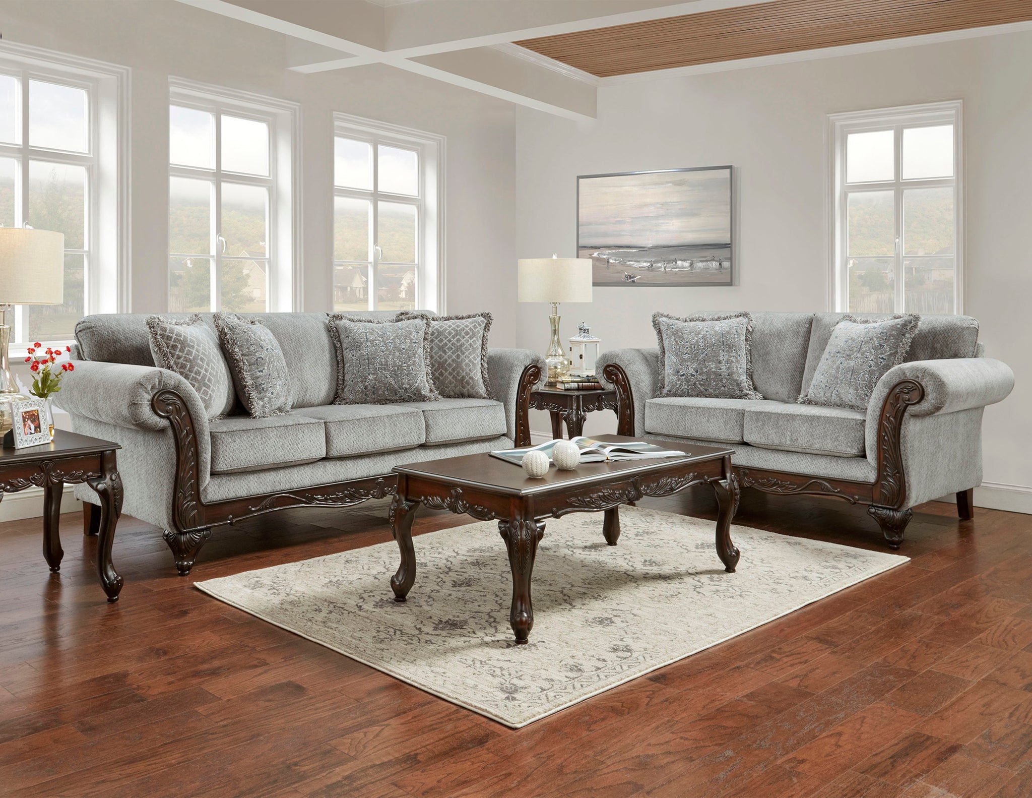 Hernen Carved Wood Frame Gray 5 Piece Living Room Set Gray Brown Faux Leather Wood Primary Living Space Cushion Back Rolled Arms Wood Fabric 5 Seat