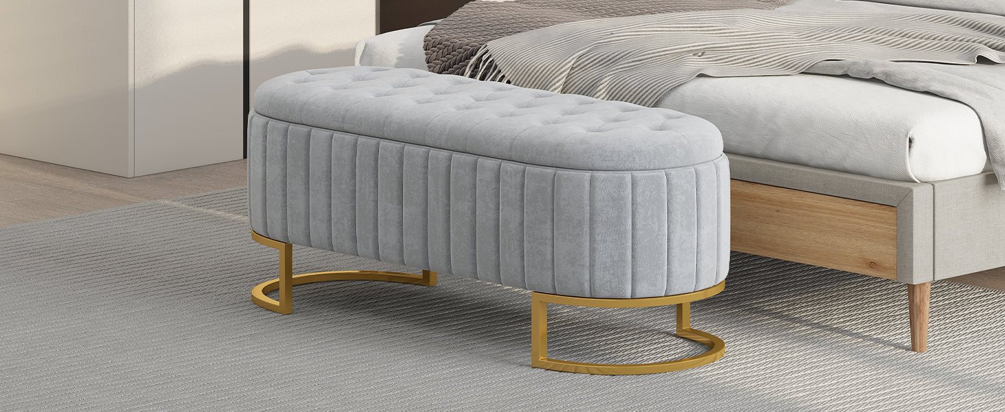 Elegant Upholstered Velvet Storage Ottoman With Button Tufted,Storage Bench With Metal Legs For Bedroom,Living Room,Fully Assembled Except Legs,Grey Grey Velvet