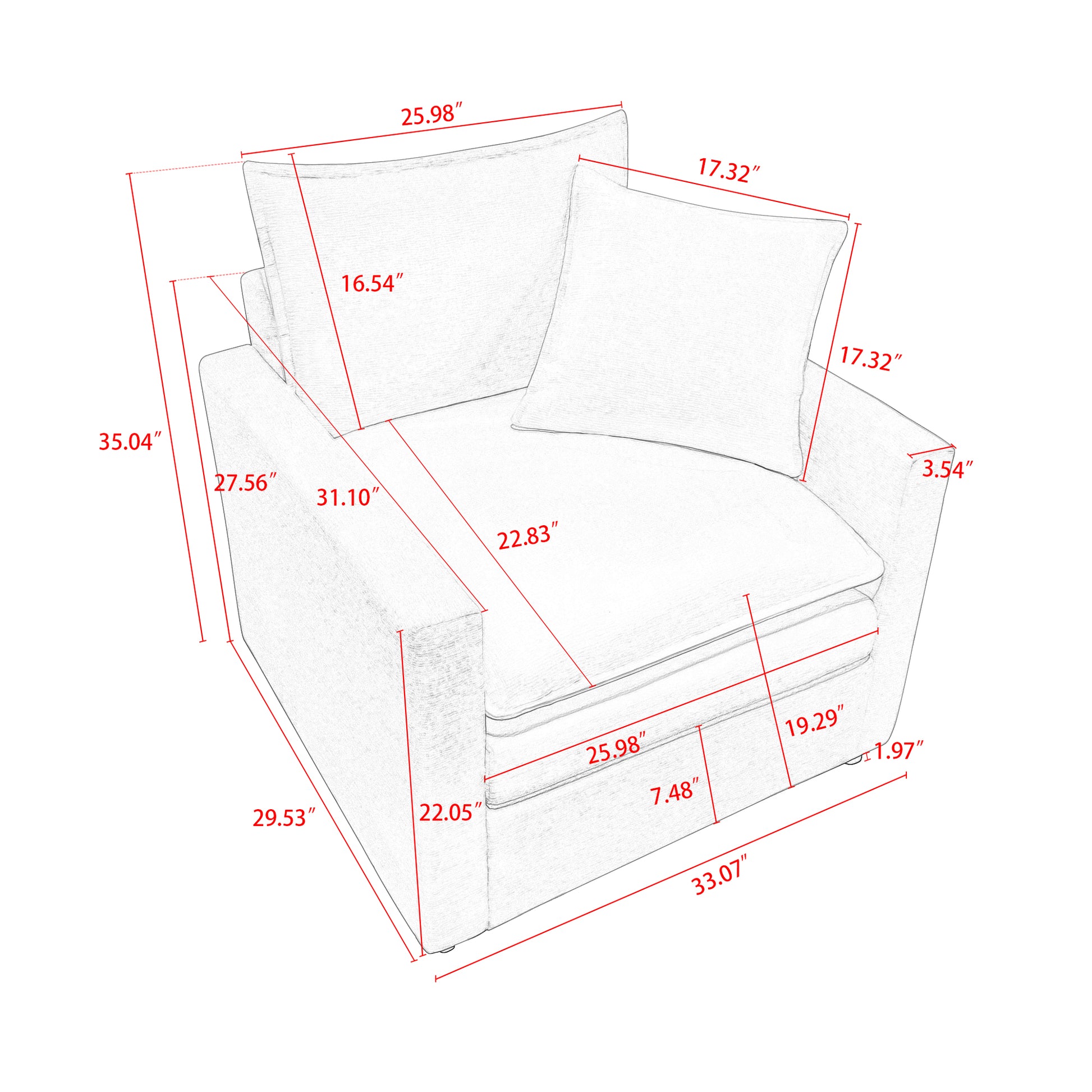 Chenille Fabric Comfy Deep Single Seat Sofa Upholstered Reading Armchair Living Room Gray Wood Foam Chenille 1 Seat