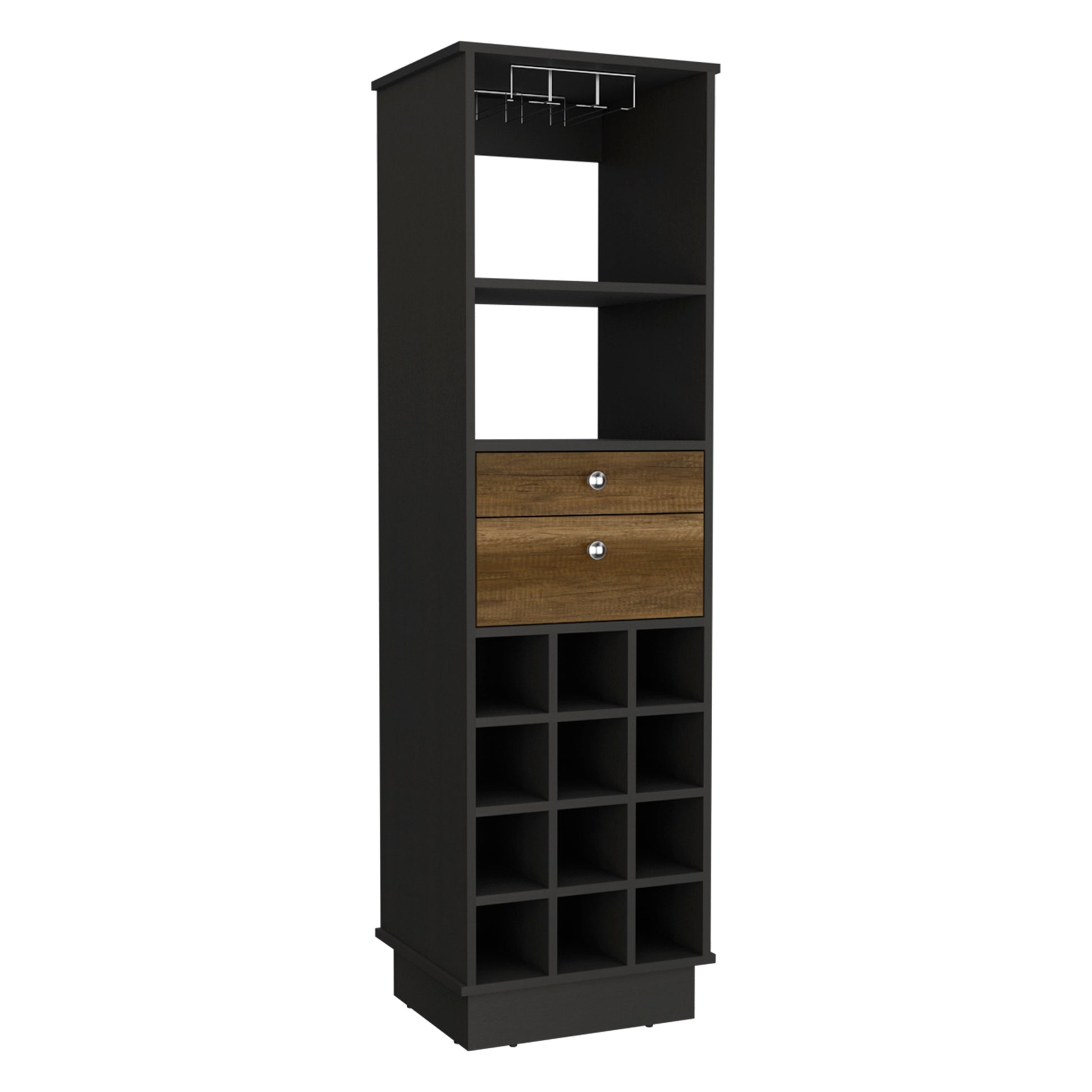 Classic Bar Cabinet, Two Drawers, Twelve Built In Wine Rack Black Walnut Multicolor Dining Room Modern Particle Board Shelves Included Particle Board