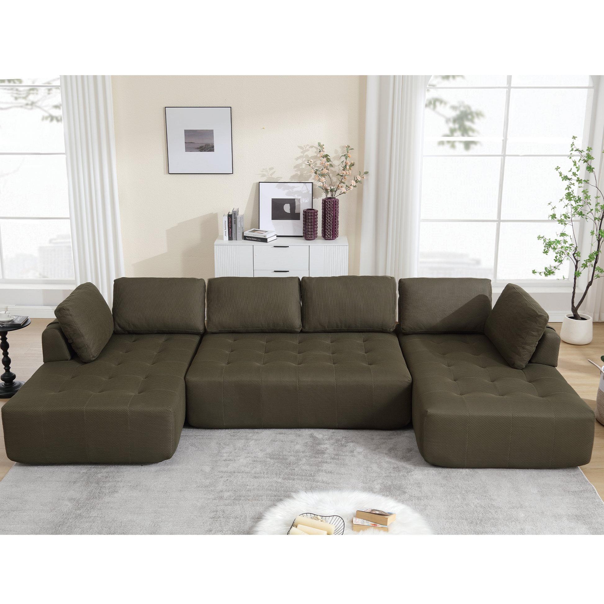 Arrived 138.5 "Modular Combination Sofa, U Shaped Sofa, Living Room, Apartment, Upholstered ,6 Seat Sofa, Free Combination Sofa Mesh Fabric ,Fabric,Green Green Polyester Primary Living Space Soft