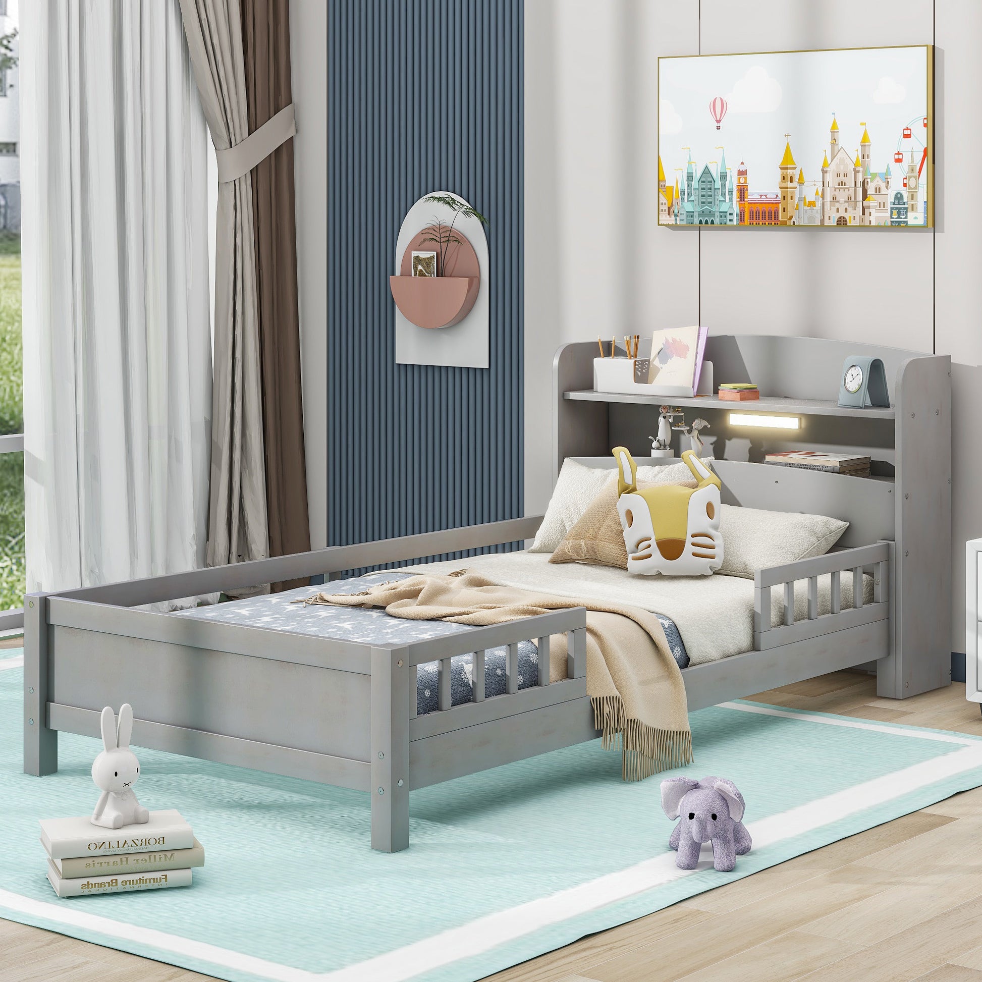 Wood Twin Size Platform Bed With Built In Led Light, Storage Headboard And Guardrail, Antique Grey Box Spring Not Required Twin Antique Gray Wood Bedroom Bed Frame Solid Wood Mdf