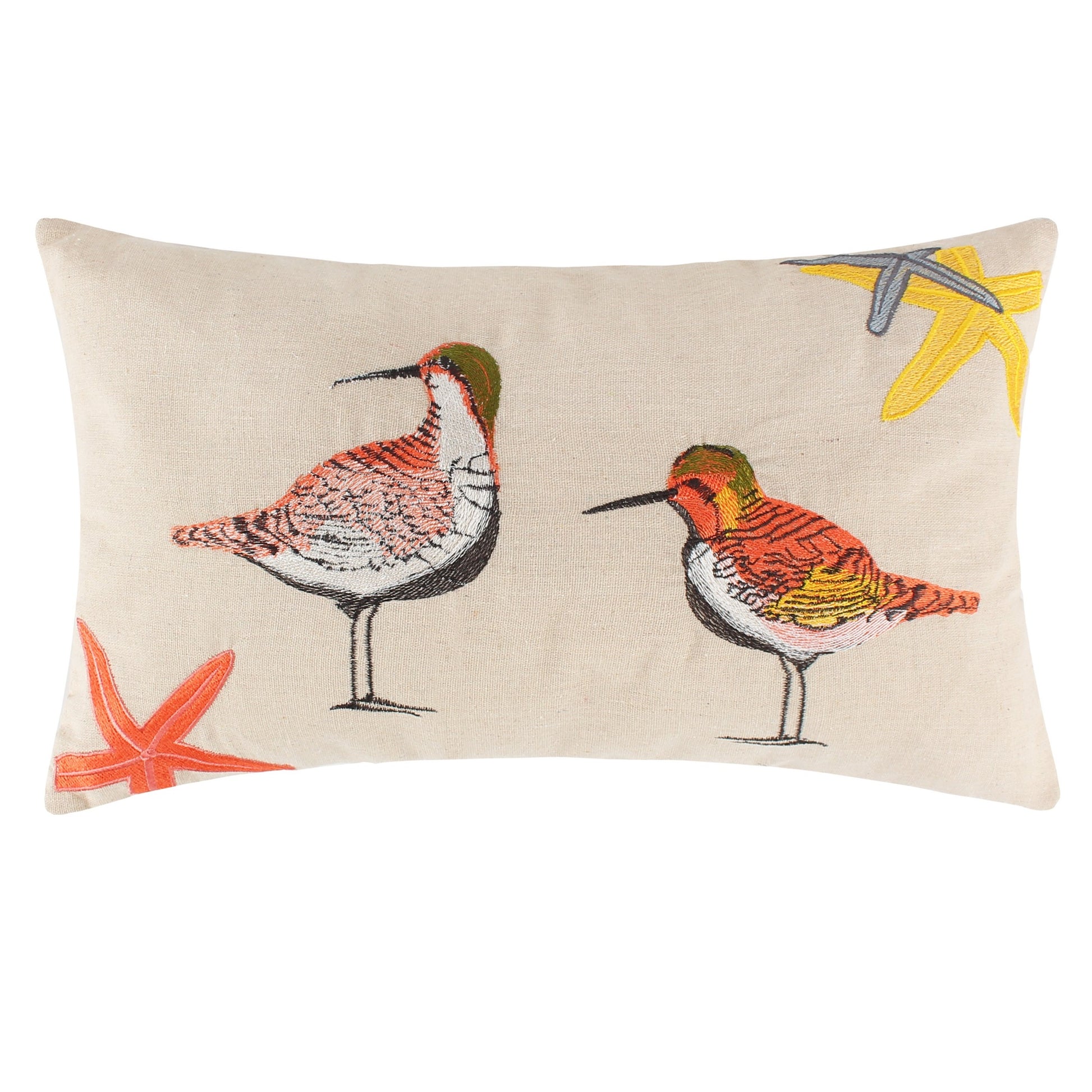Vira 20 Inch Throw Pillow, Hand Embroidered Shorebirds, Canvas And Linen Multicolor Polyester