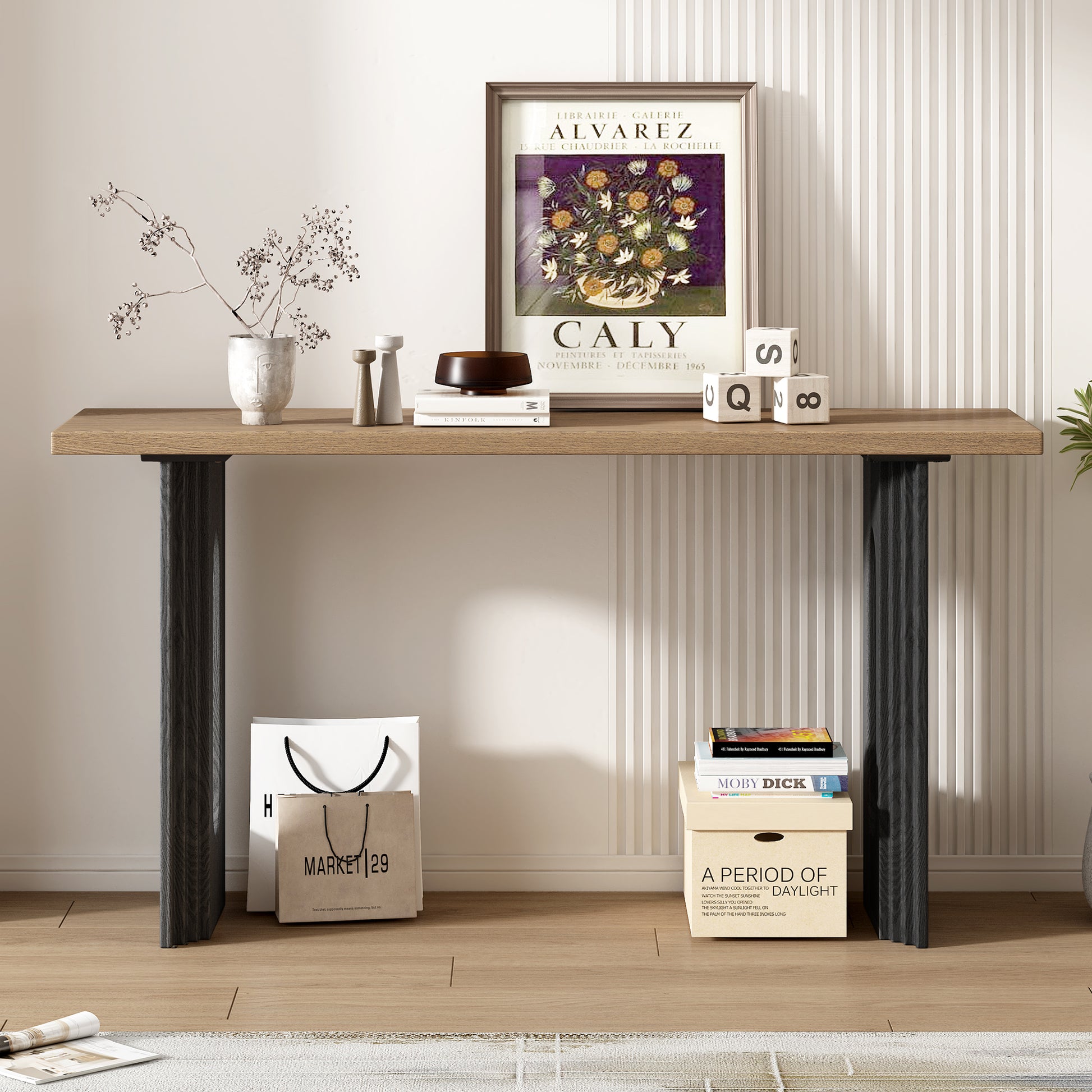 Uniquely Designed Console Table Made Of Fraxinus Mandschuric Solid Wood Veneer,With Distinctive Round Hollow Legs, Suitable For Foyer, Living Room, Or Hallway. Natural Mdf