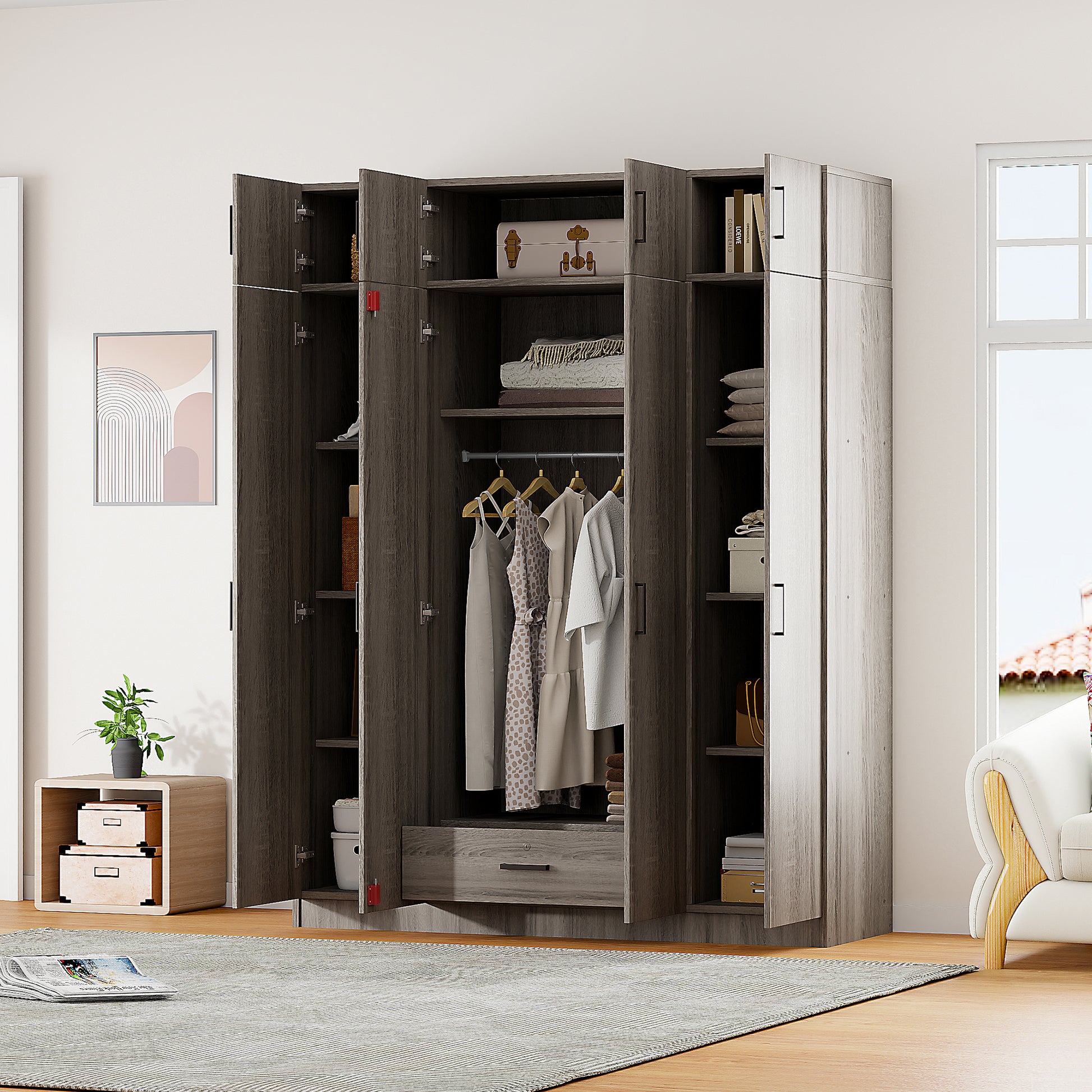 4 Door Wardrobe With 1 Drawer And Top Cabinetgray Gray Gray Bedroom Contemporary Particle Board