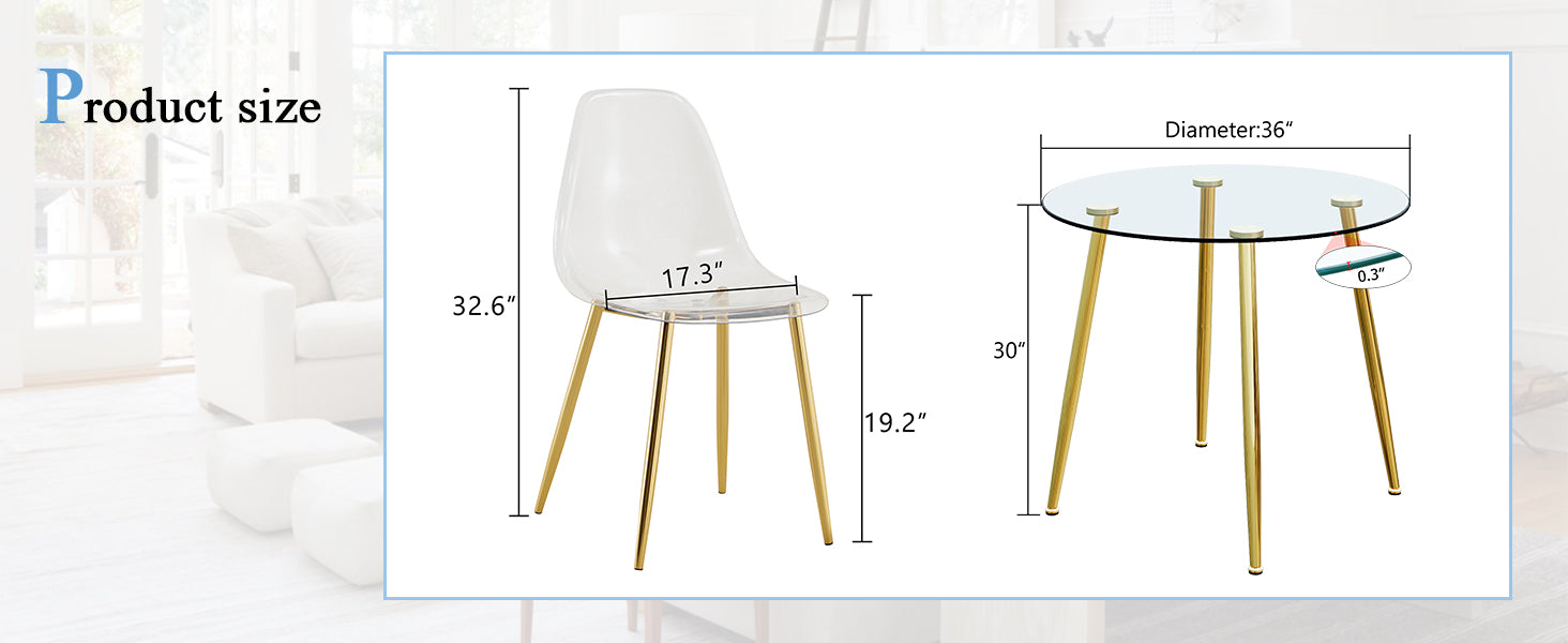 A Modern Minimalist Style Round Transparent Tempered Glass Table With Gold Metal Legs,Paired With 4 Modern Style Transparent Dining Chairs For A Luxurious Experience. Transparent Seats 4 Glass