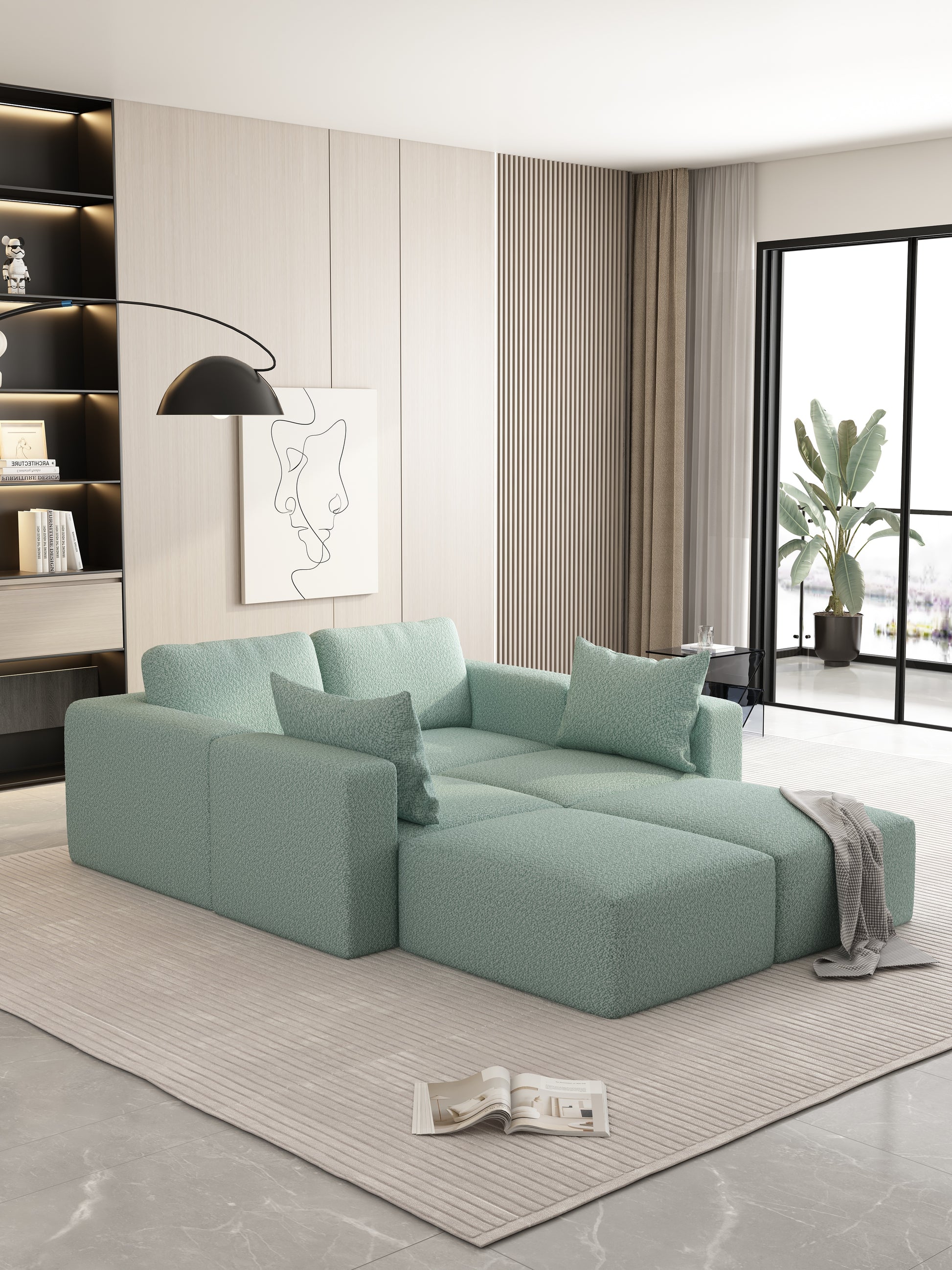 104.32*74.8 Modular Sectional Sofa Sleeper Couch, Sectional Sofa With Chaise And Ottoman, Convertible U Shaped Modular Sofa Set. Compressed Spon, Light Green Combo 2A 2B 2D Light Green Primary Living Space Soft Minimalist,Modern Foam Spring 6 Seat