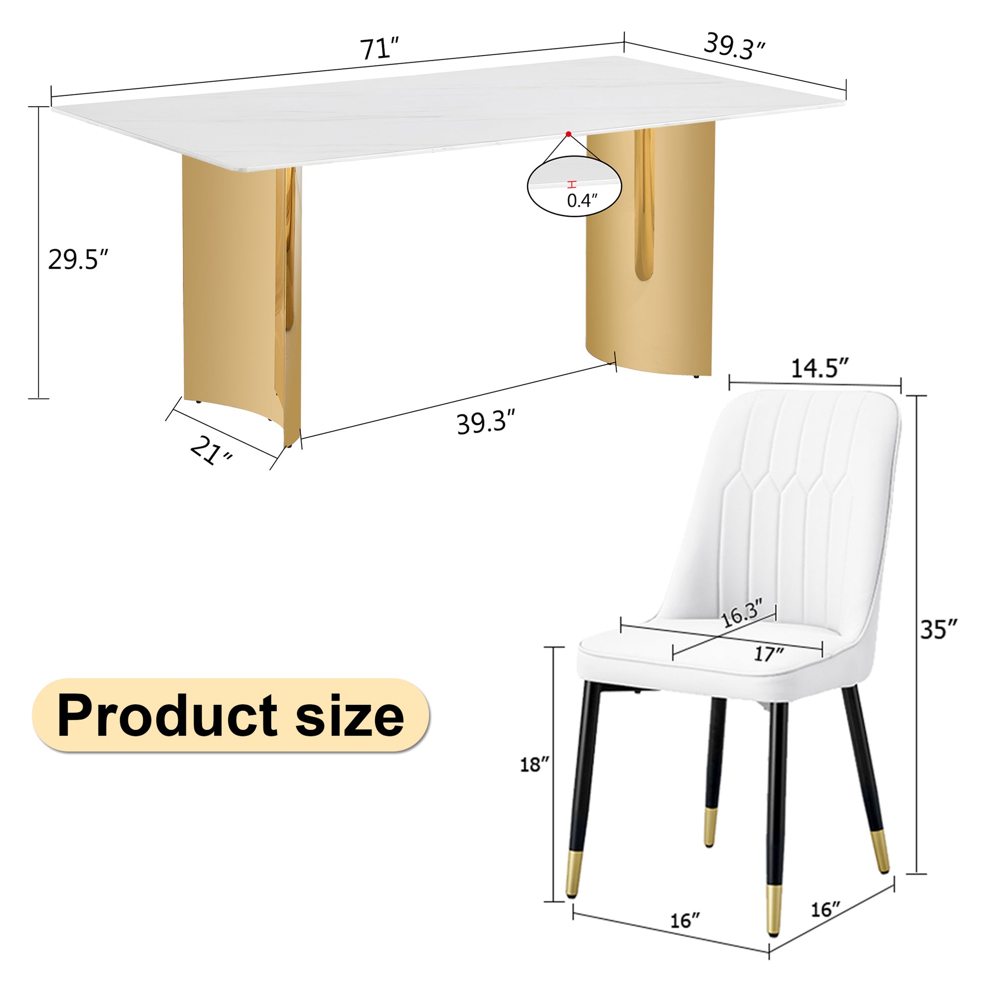 Table And Chair Set.The Table Has A Glass Top With Imitation Marble Pattern Stickers And Stainless Steel Golden Legs. Paried With Chairs With Pu Artificial Leather Backrest Cushions And Black Legs. White Gold Seats 8 Glass Metal