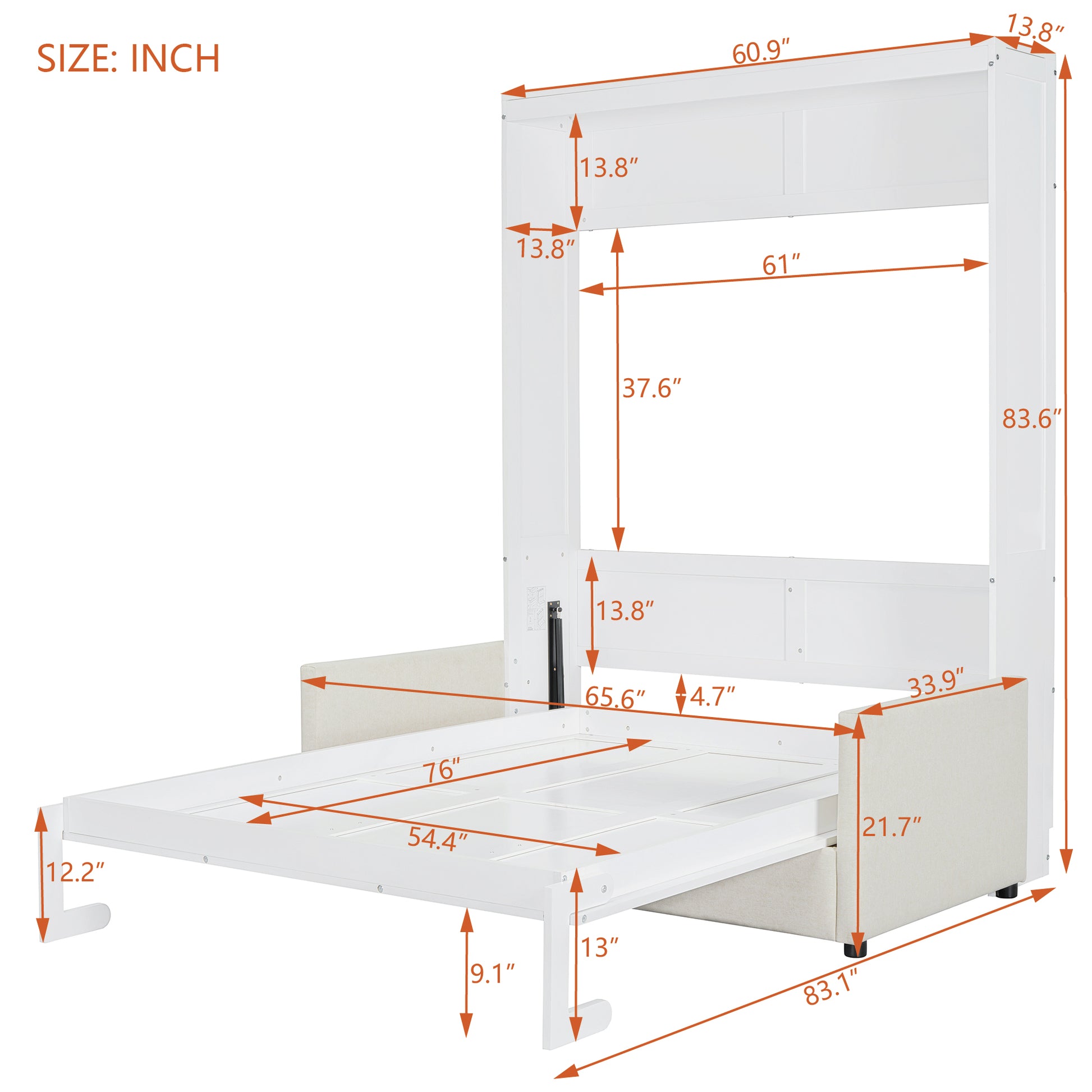 Full Size Murphy Bed Wall Bed With Cushion,White Full White Mdf Lvl