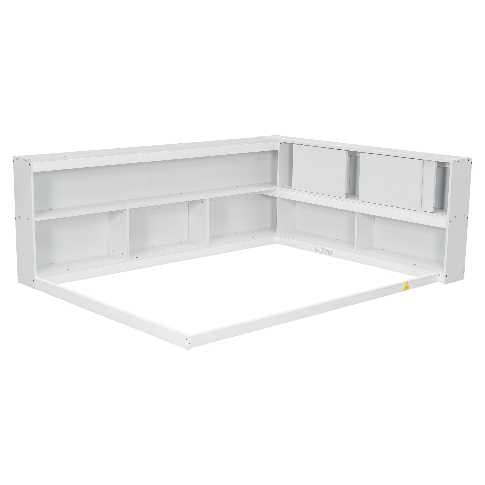 Full Floor Bed With L Shaped Bookcases, Sliding Doors,Without Slats,White Full White American Design Pine