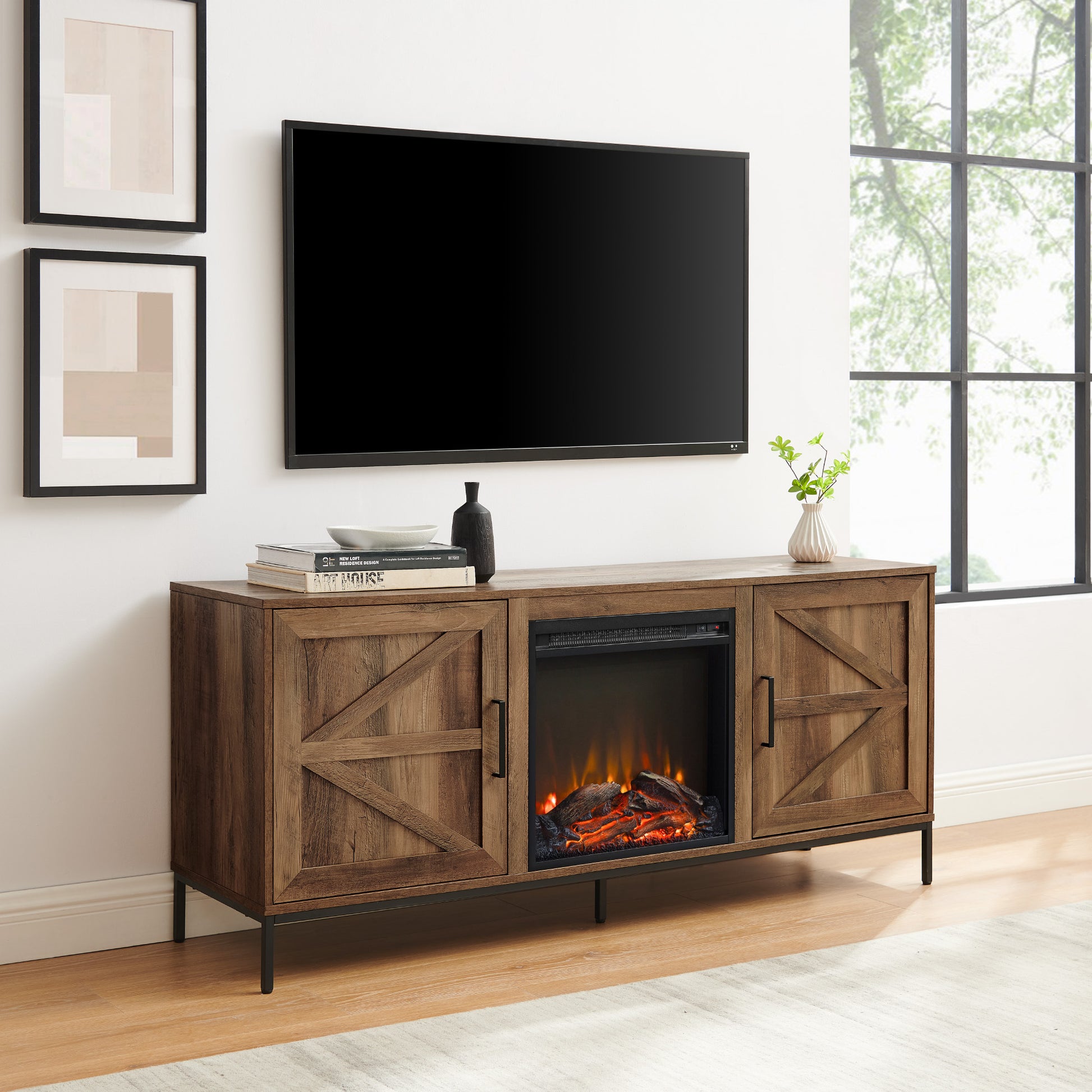 Modern Farmhouse Barn Door Fireplace Tv Stand For Tvs Up To 65 Rustic Oak Oak Mdf Mdf
