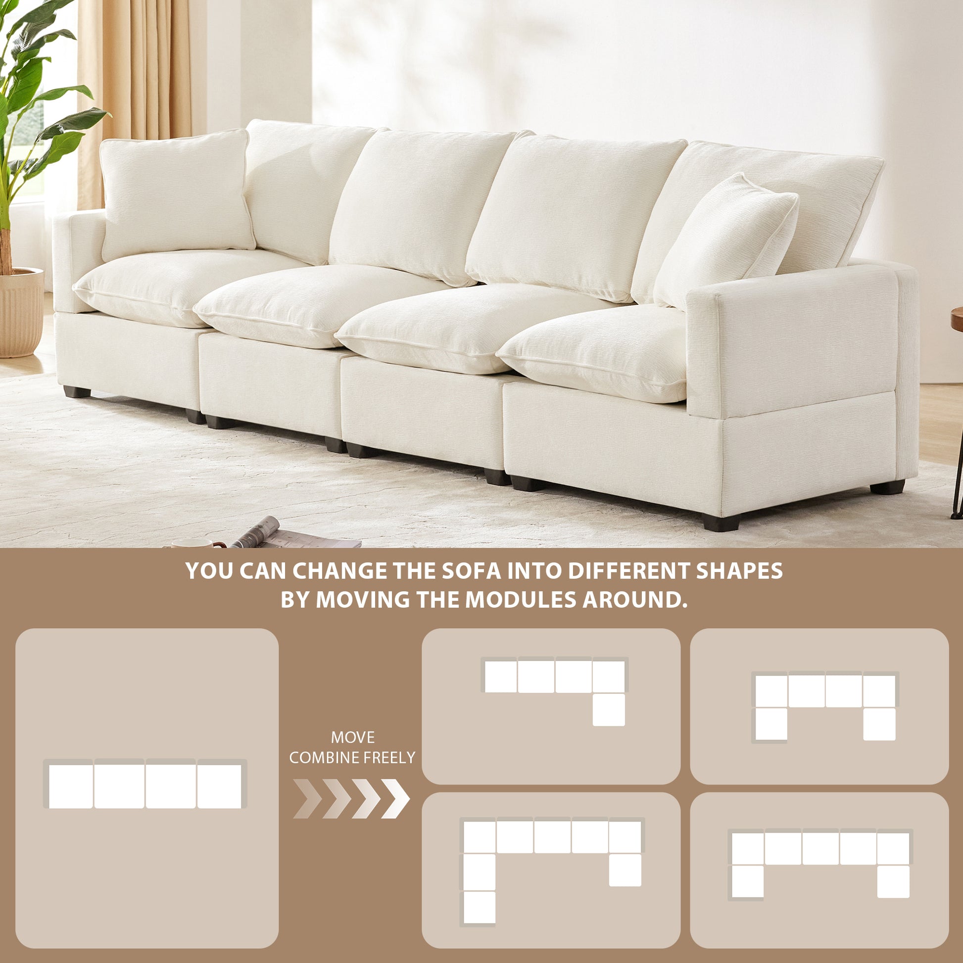 110*29" Modern Modular Sofa, 4 Seat Chenille Sectional Couch Set With 2 Pillows Included, Freely Combinable Indoor Funiture For Living Room, Apartment, Office, 2 Colors White Chenille 4 Seat