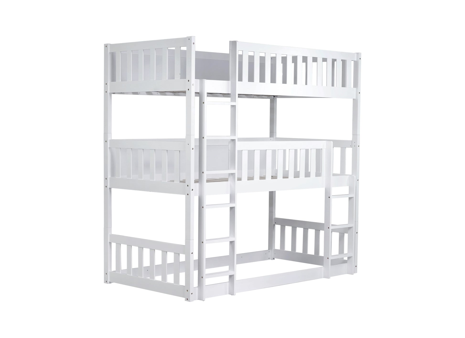 Twin Size Triple Rubber Wood Bunk Bed, With Ladders, Guardrails Detachable Bunk Bed, Twin Over Twin Over Twin,White Twin White Bedroom American Design Bed Frame Rubber Wood