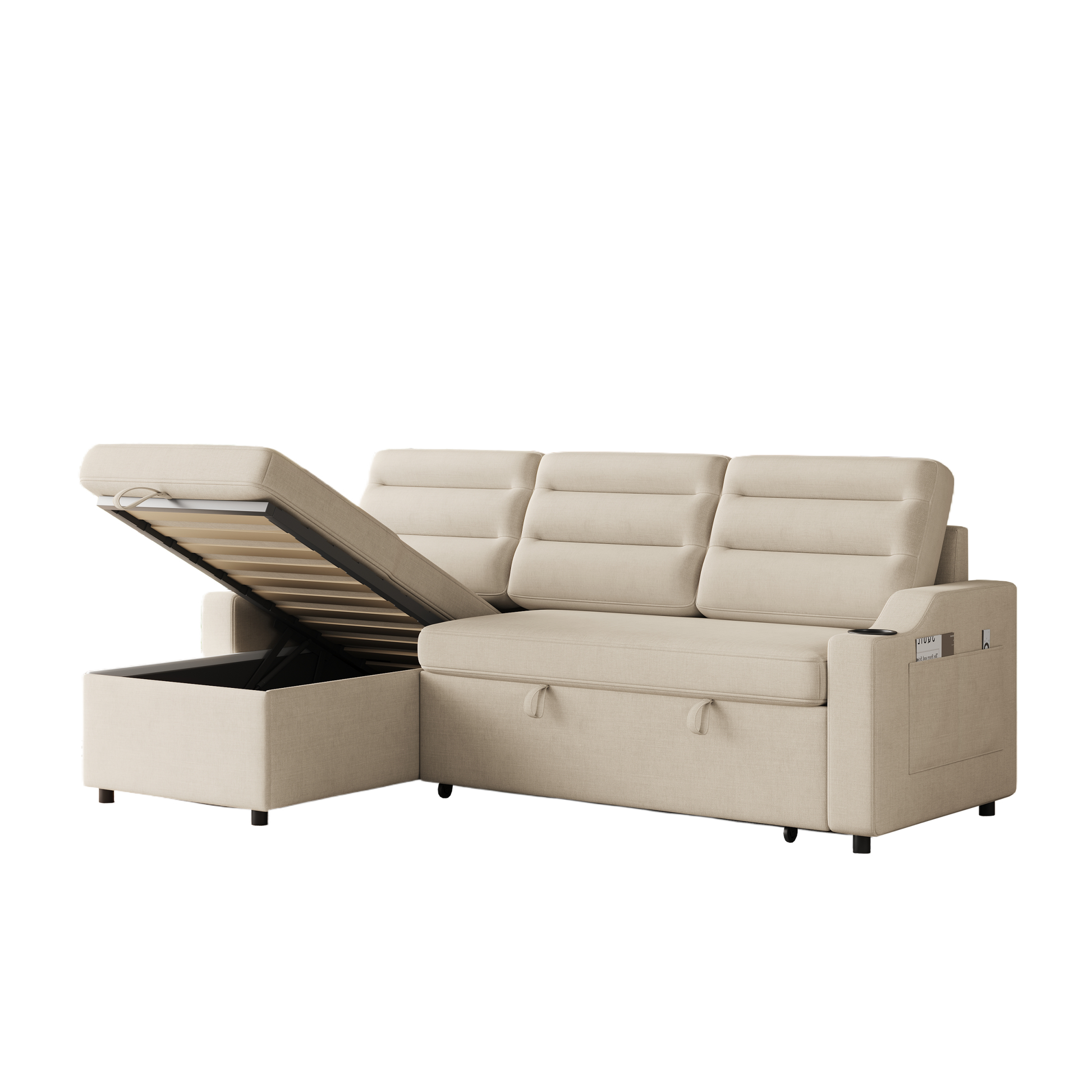 Mh83.5" Convertible Sleeper Combo Sofa, Convertible Sofa Bed Polyester Pullout Bed With Storage Recliner And Cup Holder For Living Room, Tight Spaces Beige Polyester Wood Primary Living Space Pine Foam Fabric 3 Seat