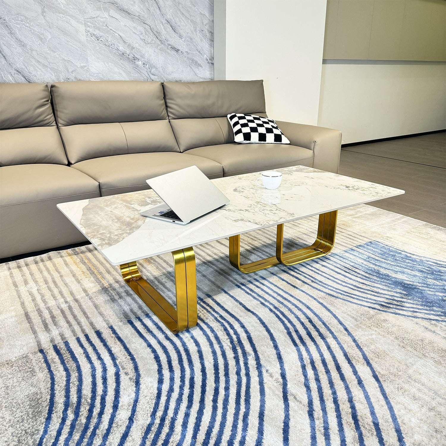 Rectangular Coffee Table With Sintered Stone Top, Gold Metal Frame, For Bed Room, Living Room Gold Modern Rectangular Sintered Stone,Stainless Steel