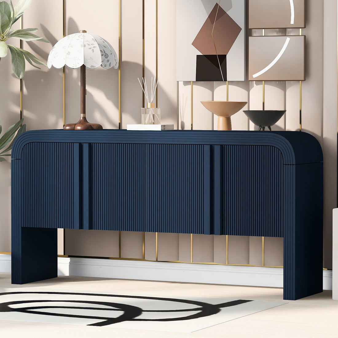 Striped Storage Cabinet With 4 Doorsadjustable, Suitable For Study,Entrance And Living Room Navy Blue Mdf