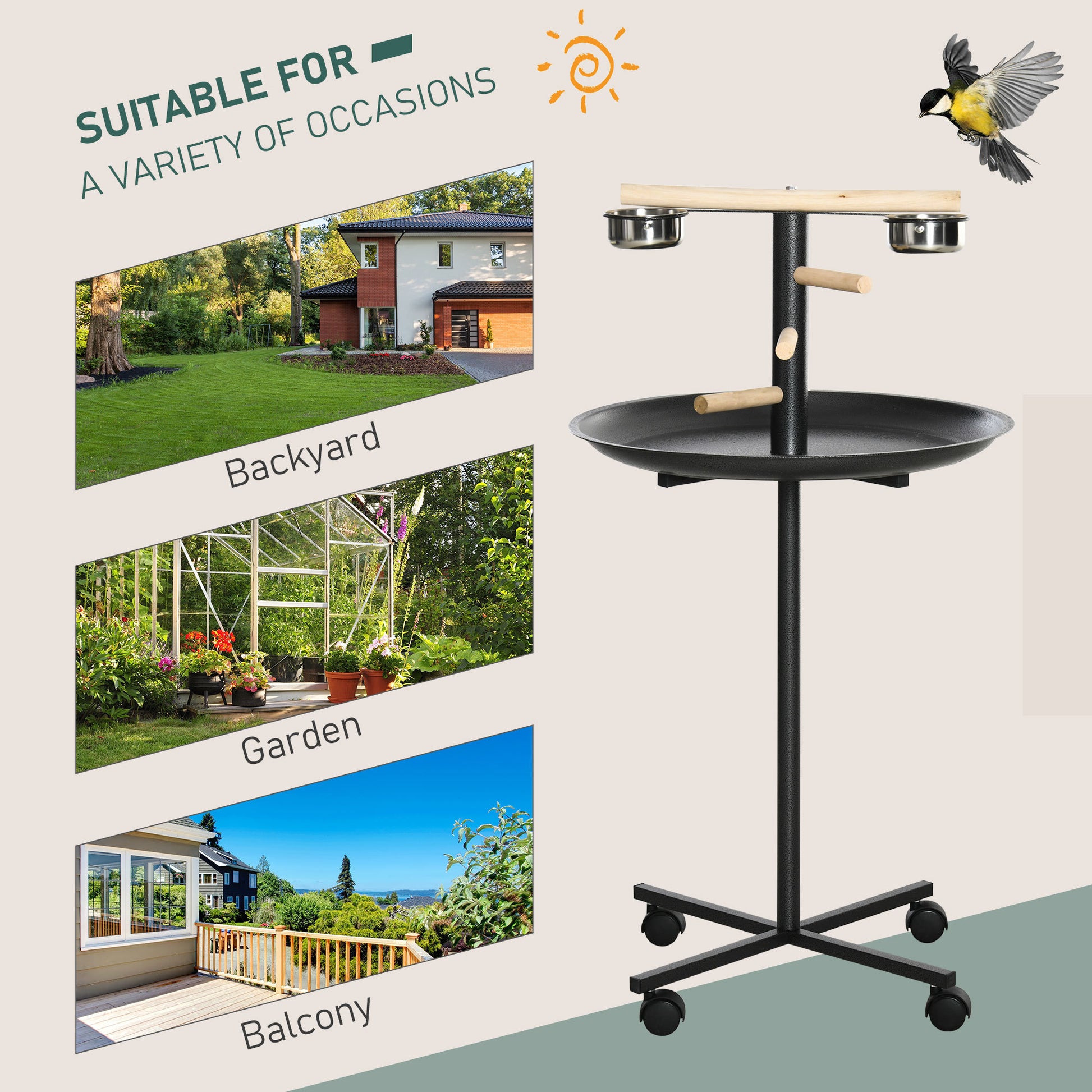 Pawhut Bird Play Stand, Portable Parrot Perch, Bird Feeder Station, With Four Wheels, Stainless Steel Feeding Bowls, Round Tray, Grey Grey Steel