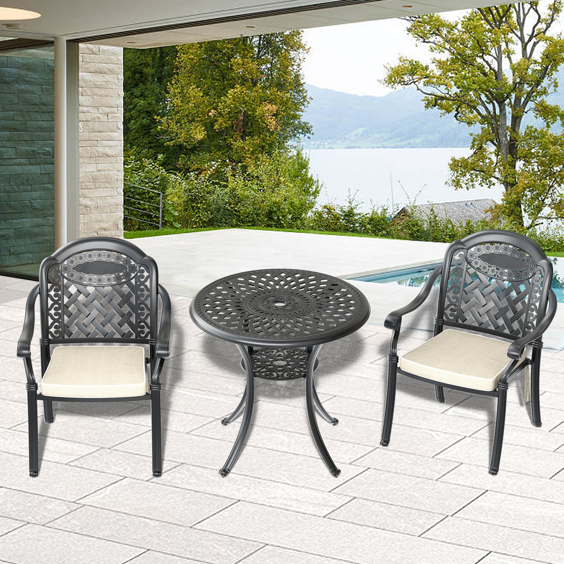 Cushions In Random Colors 3 Piece Set Of Cast Aluminum Patio Furniture With Cushions Yes Dining Set Black Seats 2 Rust Resistant Frame Water Resistant Cushion Garden & Outdoor Complete Patio Sets Aluminium