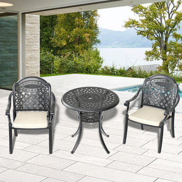 Cushions In Random Colors 3 Piece Set Of Cast Aluminum Patio Furniture With Cushions Yes Dining Set Black Seats 2 Rust Resistant Frame Water Resistant Cushion Garden & Outdoor Complete Patio Sets Aluminium