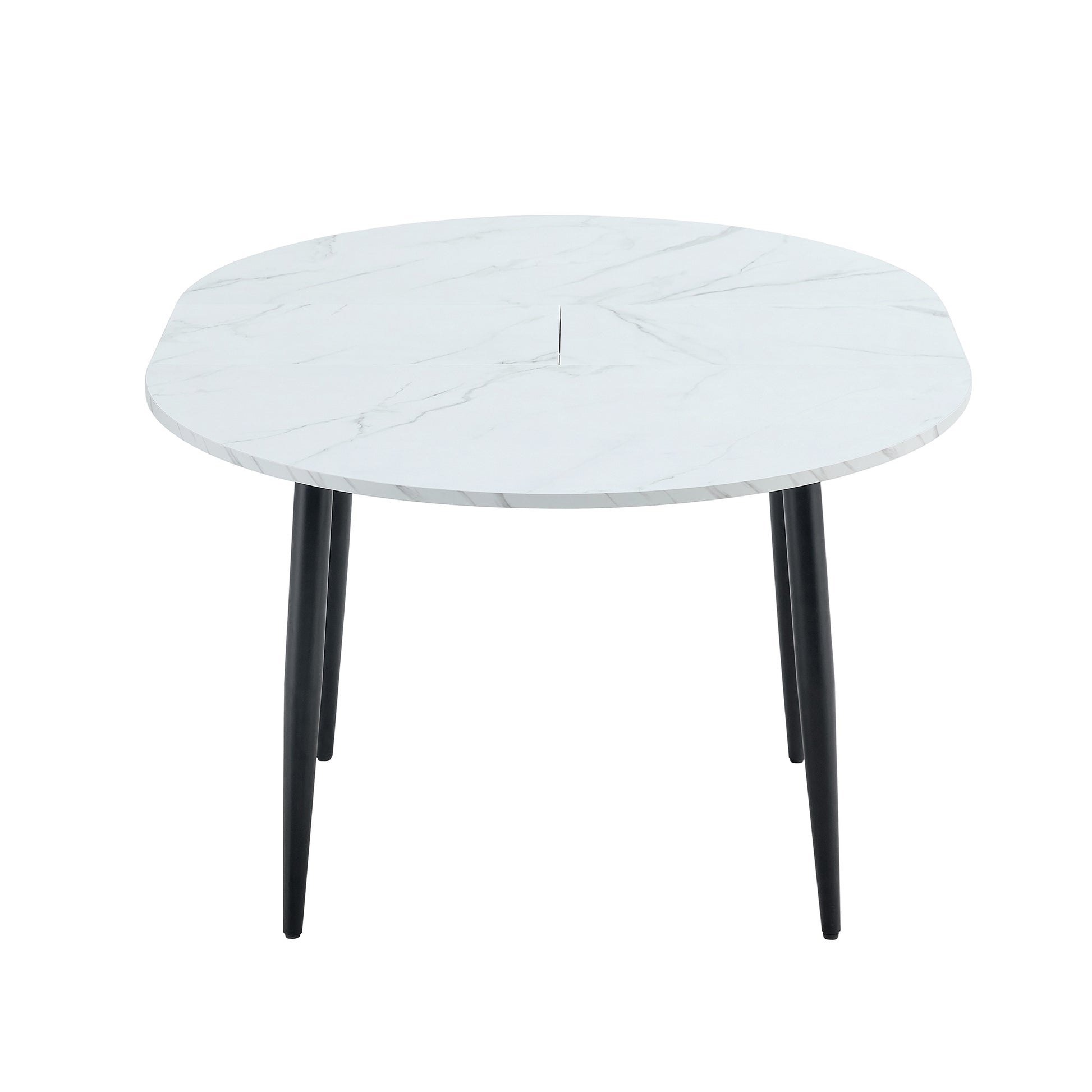 Table And Chair Set.Modern Extendable Mdf Dining Table.The Table Has A Telescopic Design, Suitable For Gatherings Of Different Size.Paried With 4 Chairs With Pu Cushions And Black Metal Legs. White Black Seats 4 Mdf Metal