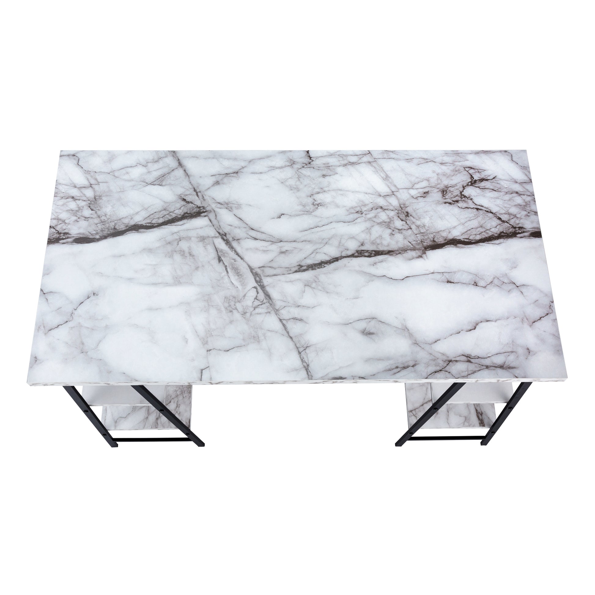 Computer Desk, Home Office, Laptop, Storage Shelves, 48"L, Work, White Marble Look Laminate, Black Metal, Contemporary, Modern White Metal