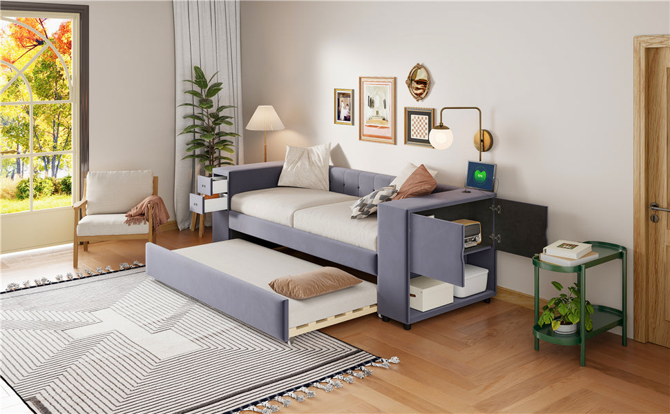 Twin Upholstered Bed With Storage And Twin Trundle, Usb Charging Ports, French Velvet, Gray Twin Gray Velvet