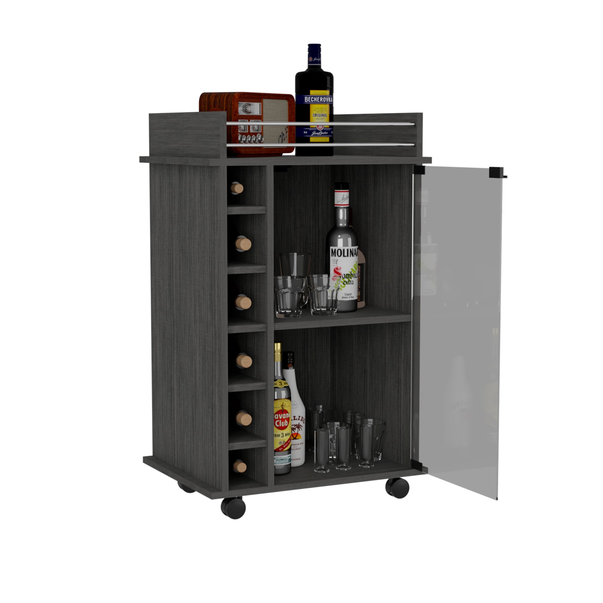 Bar Cart Baltimore, Six Wine Cubbies, Smokey Oak Finish Gray Particle Board