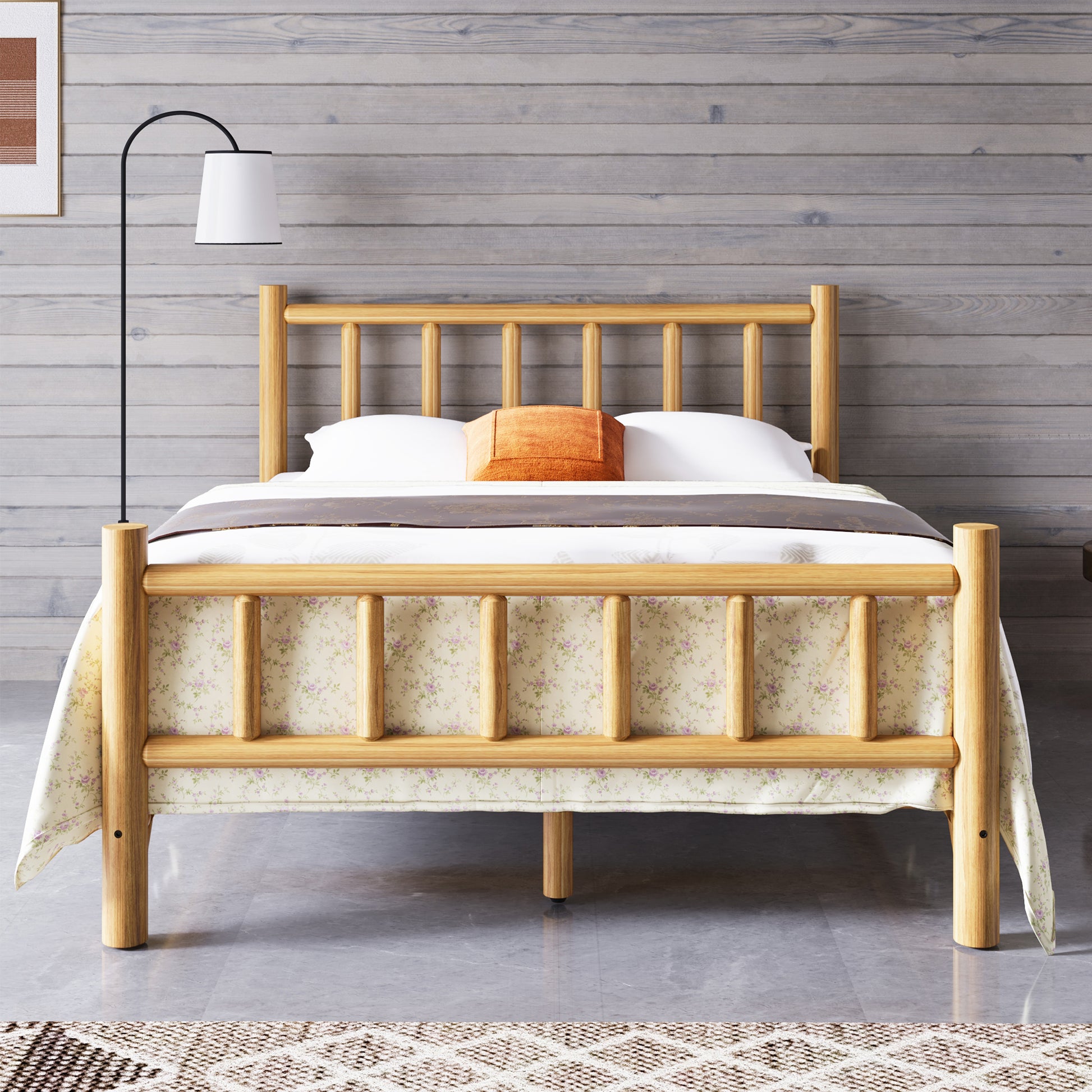 Farmhouse Log Bed Frame Queen Rustic Style Pure Solid Pine Cylinder Construction Bed Fits Mattresses And Box Springs, Natural Finish Queen Natural Pine