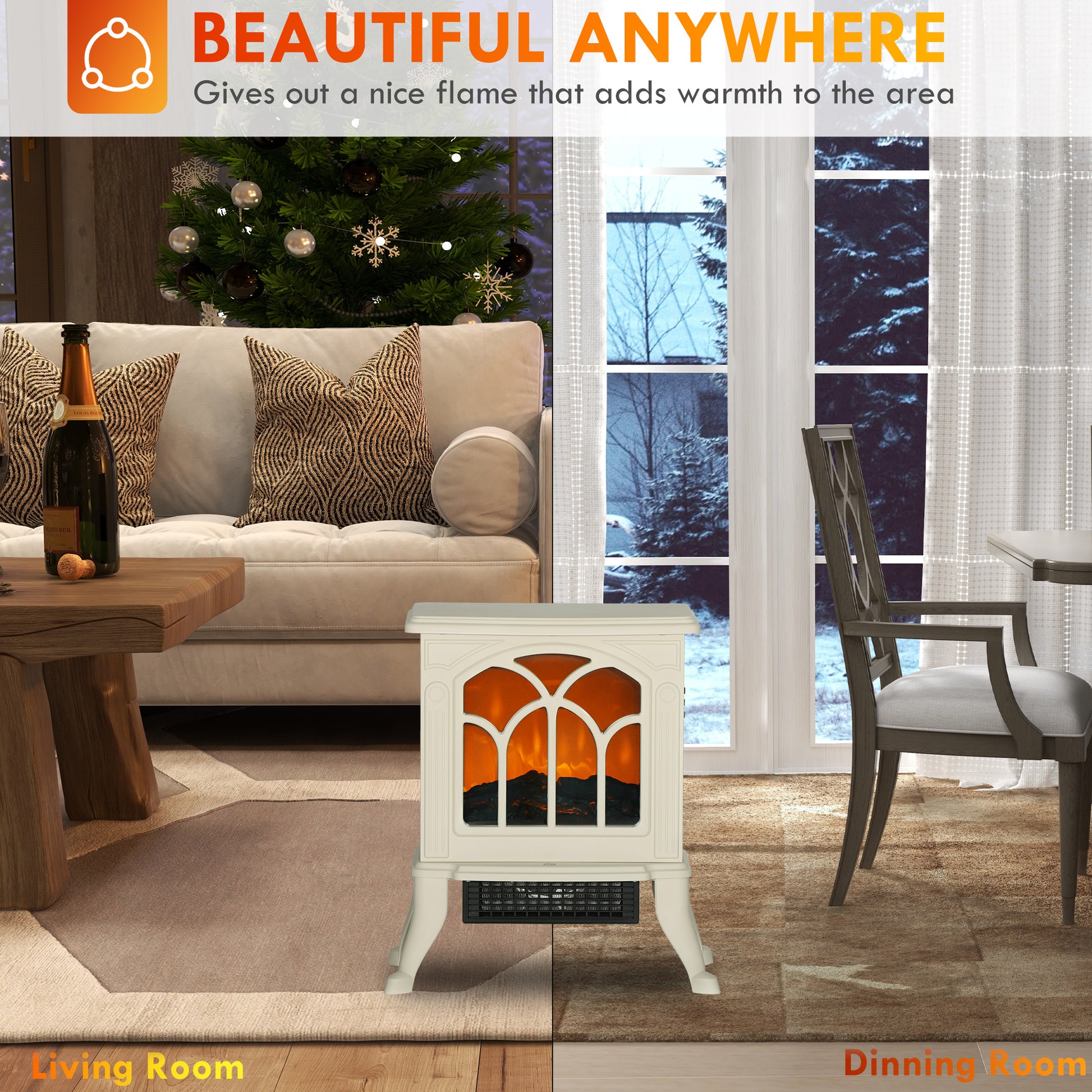 Homcom 17" Freestanding Electric Fireplace Stove, Fire Place Heater With Realistic Logs And Flame Effect And Overheat Protection, 750W 1500W, Beige Beige Plastic
