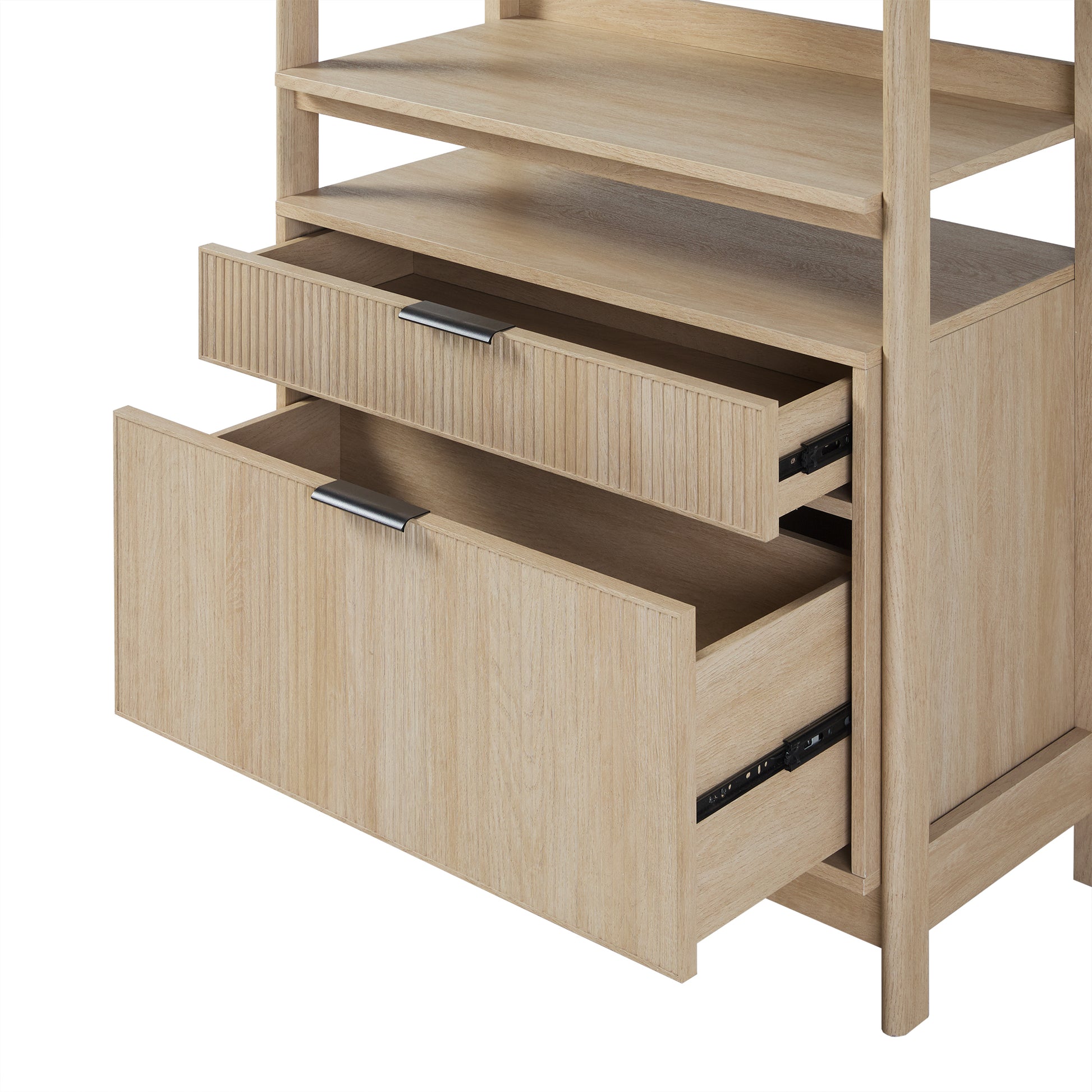 Transitional Wide Reeded Bookshelf With Drawers On Bottom Oak Oak Mdf Mdf