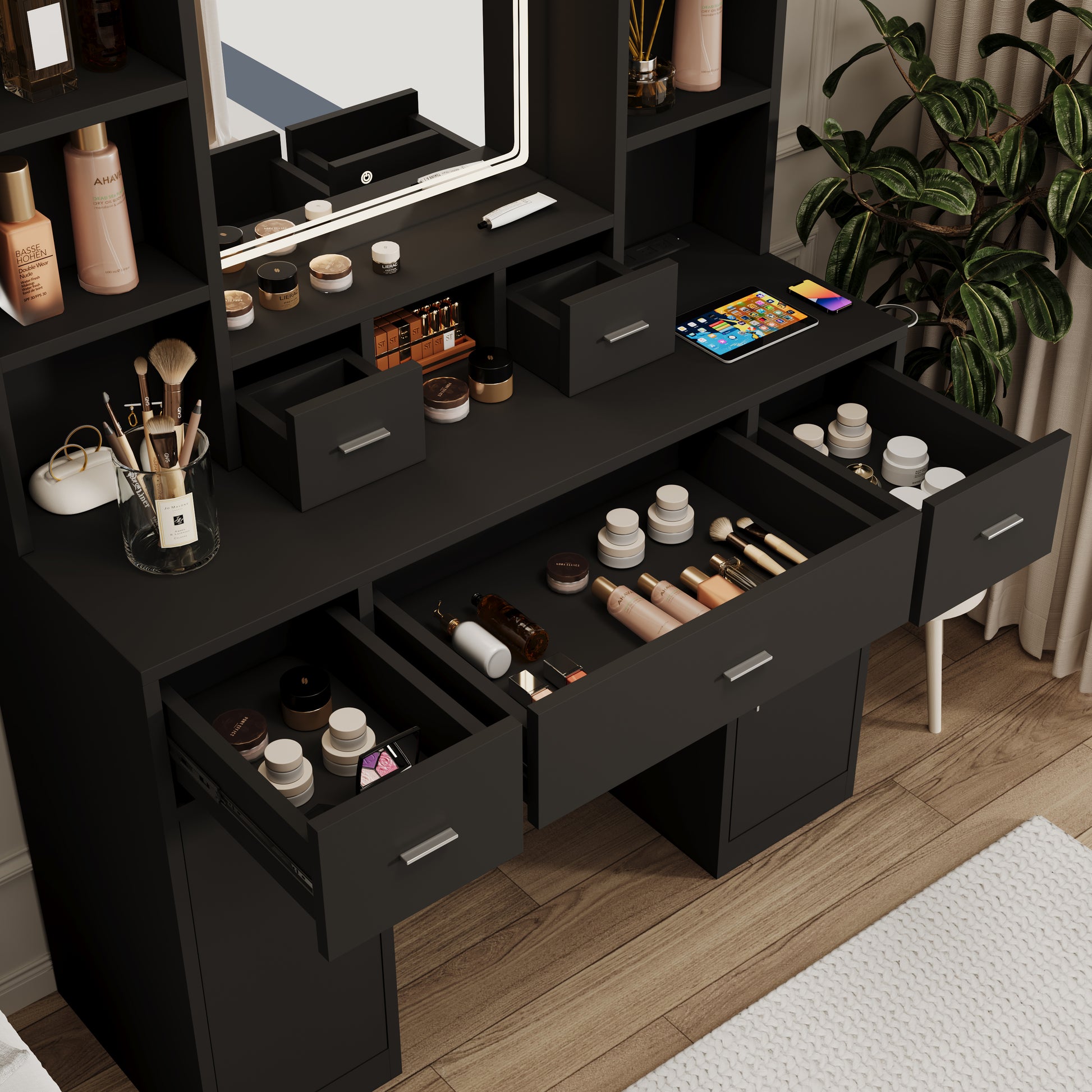 The Black Dressing Table With Led Mirror Is Equipped With A Hair Dryer Rack, And The Dressing Tables In The Bedroom And Dressing Room Are Equipped With Dressing Stools Black 5 Drawers & Above