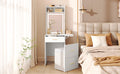Small Vanity Desk With Mirror And Light, Dressing Table With Charging Station & Fold Up Panel For Small Space, Compact Makeup Vanity Set With Hidden Stool For Bedroom, White White Mdf,Tempered Glass