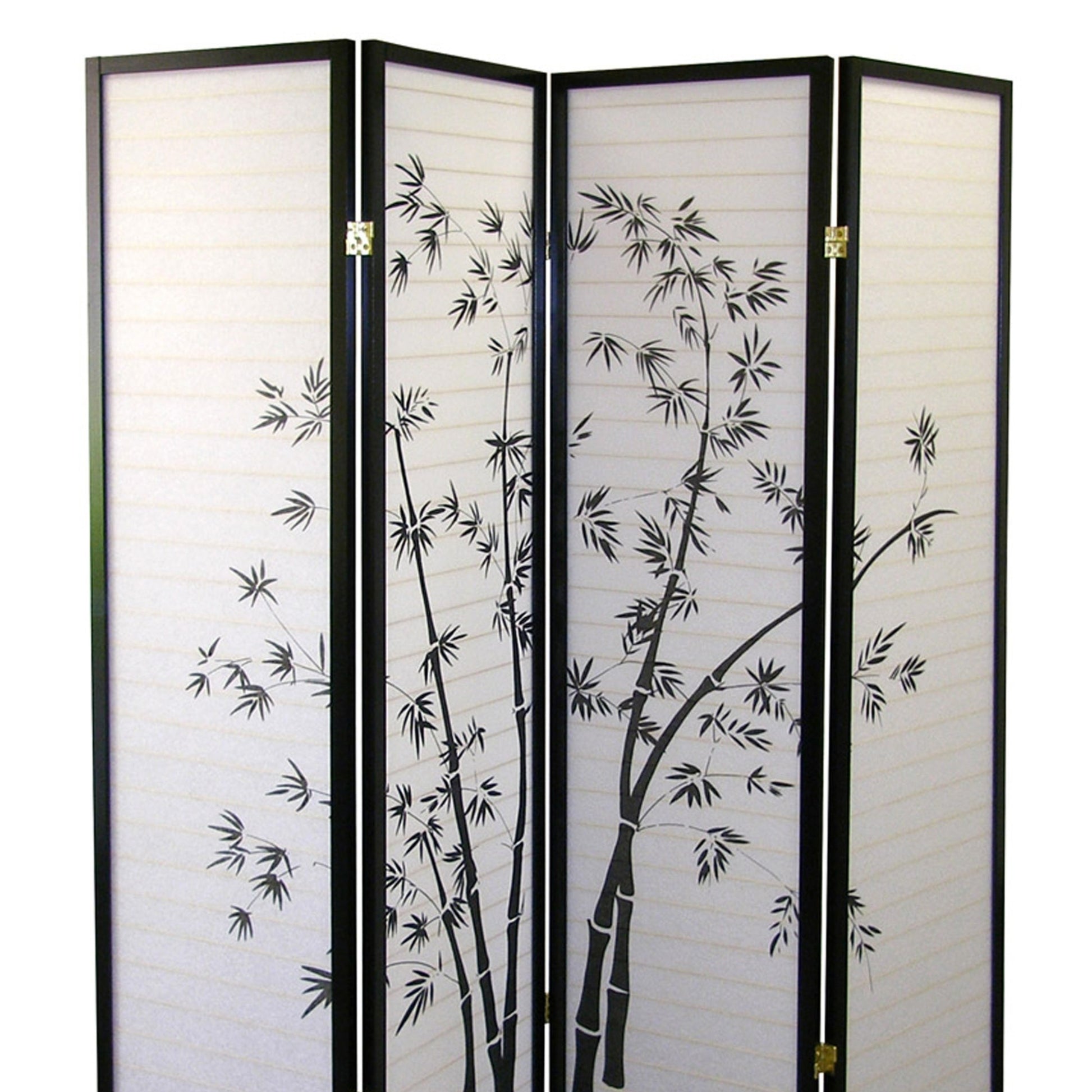 70" Tall 4 Panel Screen Room Divider, Bamboo Design With Black Finish Black Wood