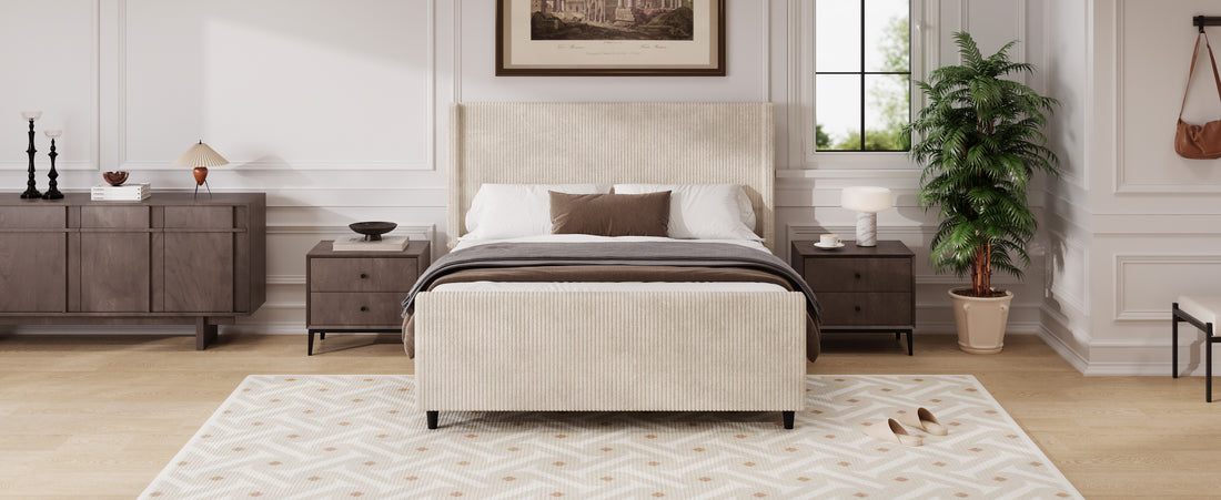 50.7'' High Headboard Corduroy Upholstered Bed Frame With Vertical Stripe Wingback And High Footboard No Box Spring Needed, Queen Size, Cream Box Spring Not Required Queen Cream Wood Bedroom Modern Bed Frame Wood