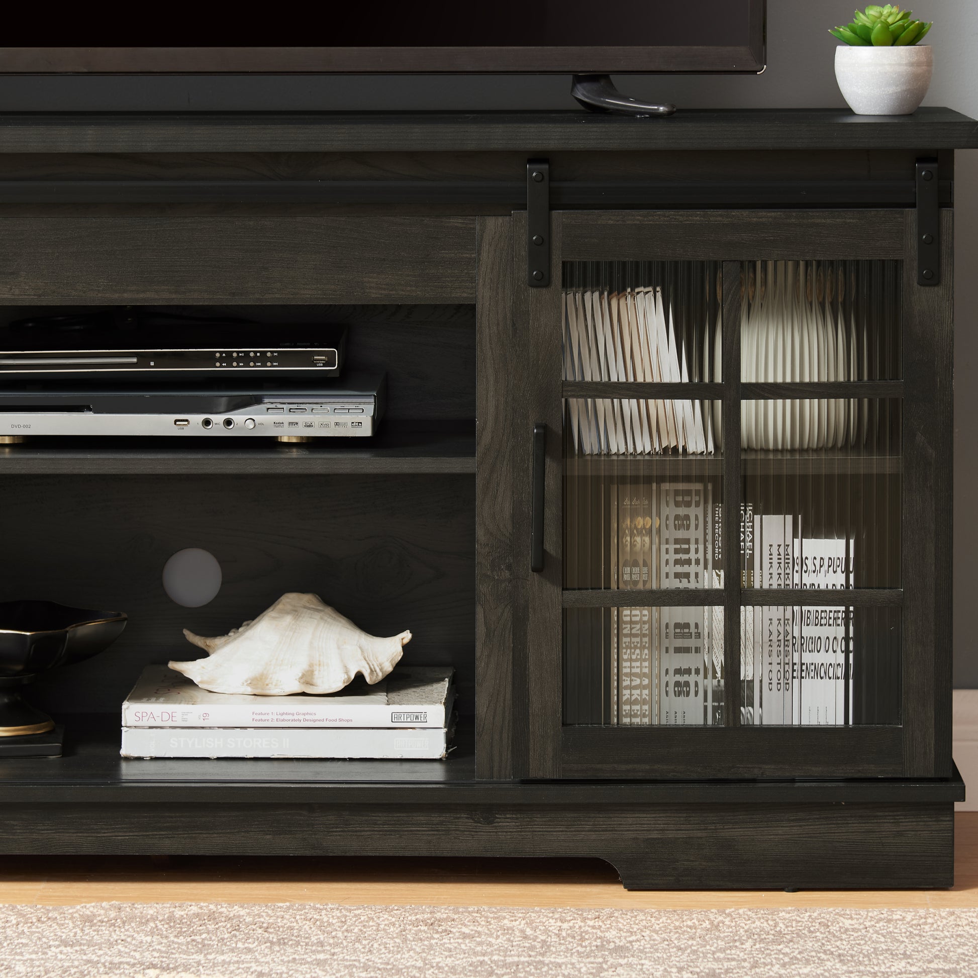 Multipurpose Sliding Door Tv Stand Large Storage Cabinet With 2 Sliding Fluted Glass Tempered Doors, Tv Up To 65'', Tv Desk Storage Rack, Charcoal Grey, 59.13"W*15.94"D*27.8"H Charcoal Grey 60 69 Inches Mdf