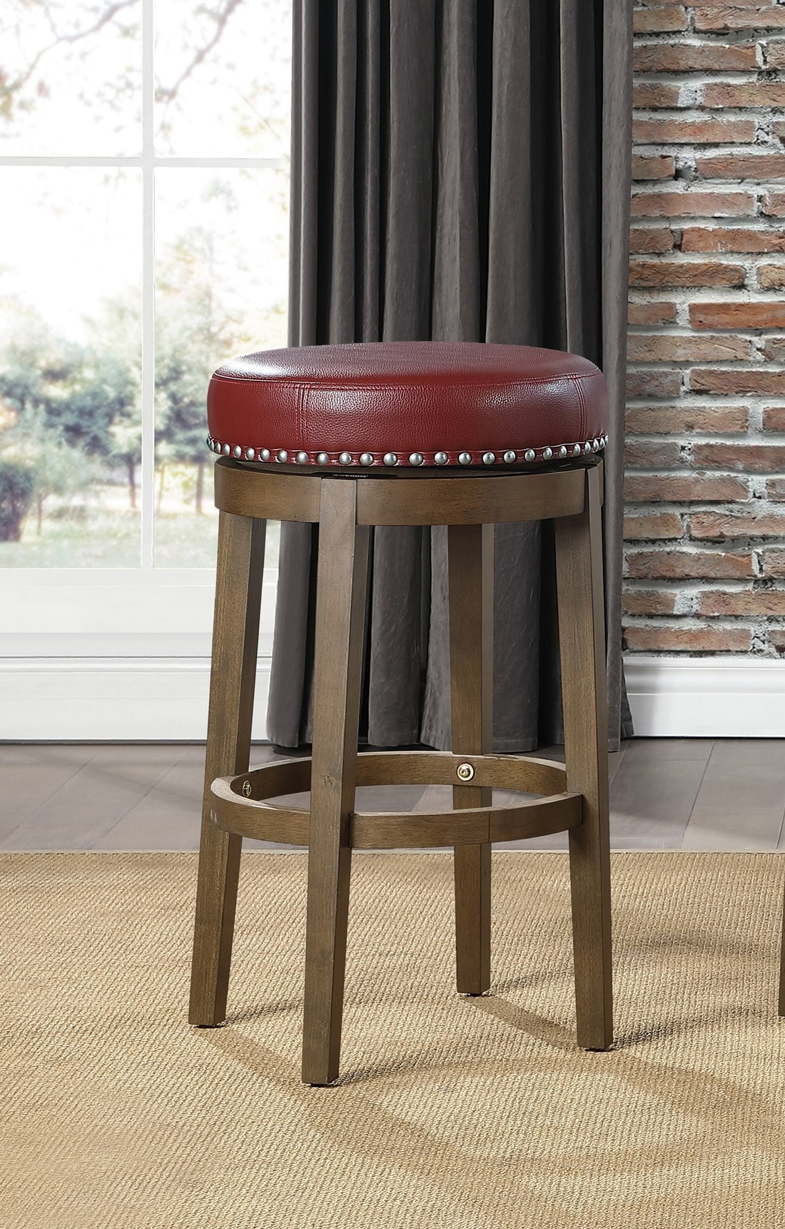 Round Swivel Bar Stools Set Of 2, Red Faux Leather 360 Degree Swivel Seat Trim Solid Wood Frame Brown Finish Furniture Red Brown Dining Room Round Solid Wood