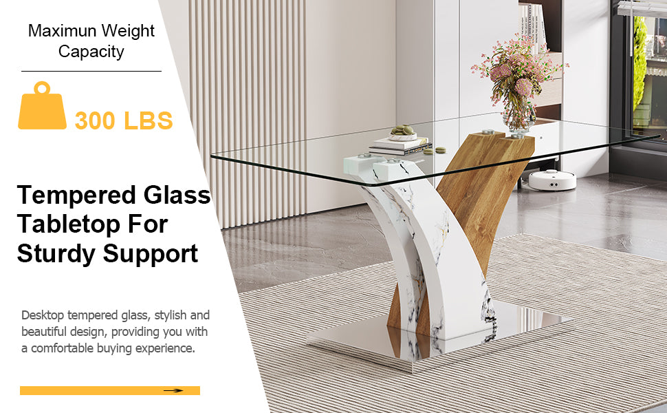 Table And Chair Set.Modern Dining Table, Tempered Glass Countertop With Artistic Mdf Legs.Paried With 4 Comfortable Chairs With Pu Seats And Metal Legs. Suitable For Various Decoration Styles. Black,Transparent Seats 4 Mdf Glass