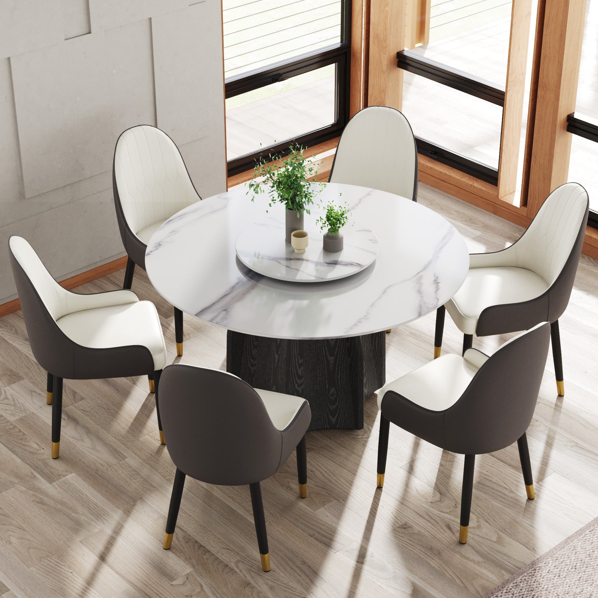 53" Round Marble Dining Table With Black Textured Solid Wood Base, Artificial Marble For 6 People, 23.62"White Artificial Stone Turntable,White Dining Table Only White Dining Room Modern Round Metal