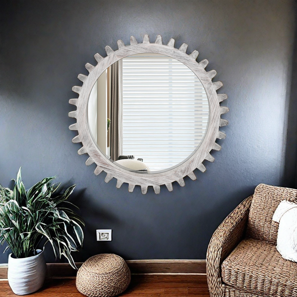 Vintage 42'' X 42'' Wood Round Hanging Gear Shape Heavy Decorative Mirror For Bathroom Living Room Entryway Or Put Together To Your Liking. Antique White Washed Oval Or Circle White Washed Oversized 41In American Design Solid Wood Mdf Mirror Countries