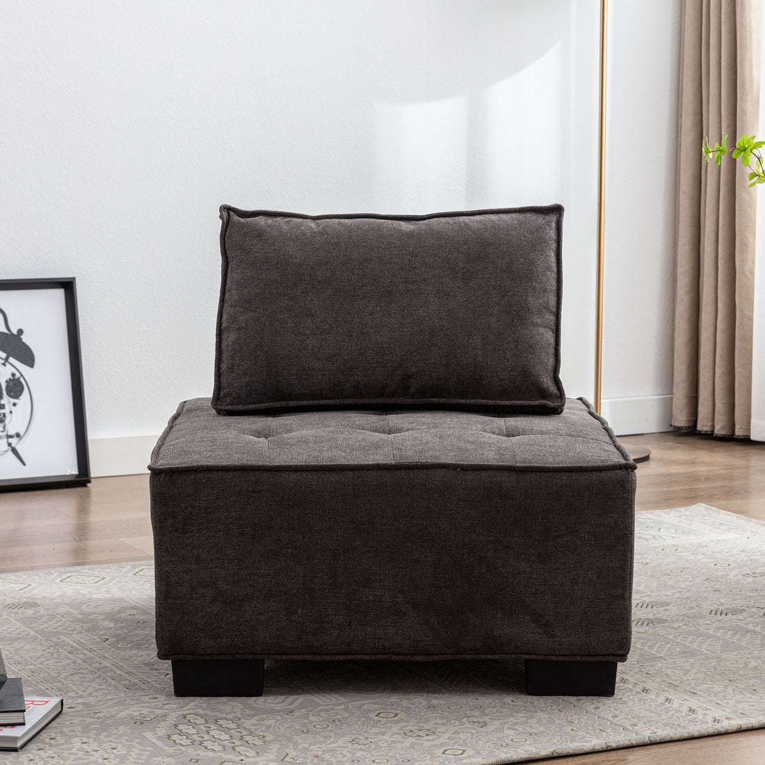 Coolmore Modern Upholstered Chair Leisure Sofa Lazy Sofa Plastic Legs And Pillow Removable Armless Accent Chair For Living Room,Bedroom,Office Black Linen Black Foam Linen
