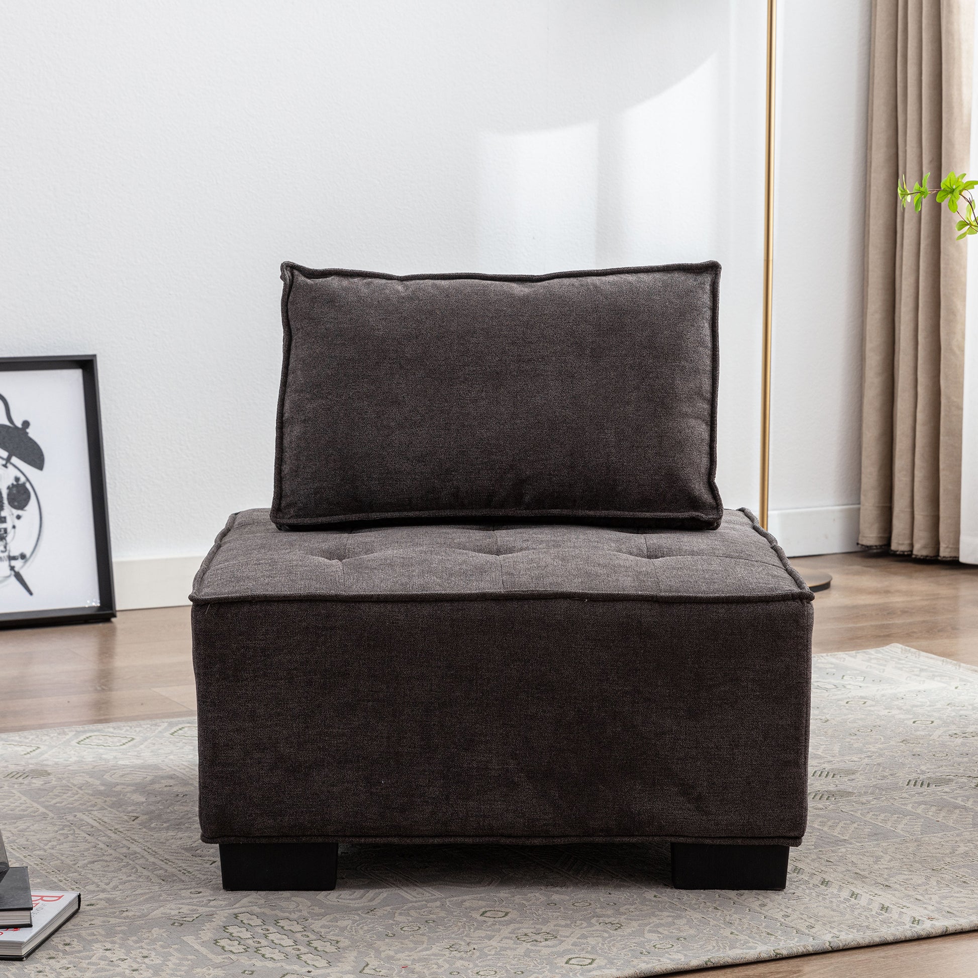 Coolmore Modern Upholstered Chair Leisure Sofa Lazy Sofa Plastic Legs And Pillow Removable Armless Accent Chair For Living Room,Bedroom,Office Black Linen Black Foam Linen