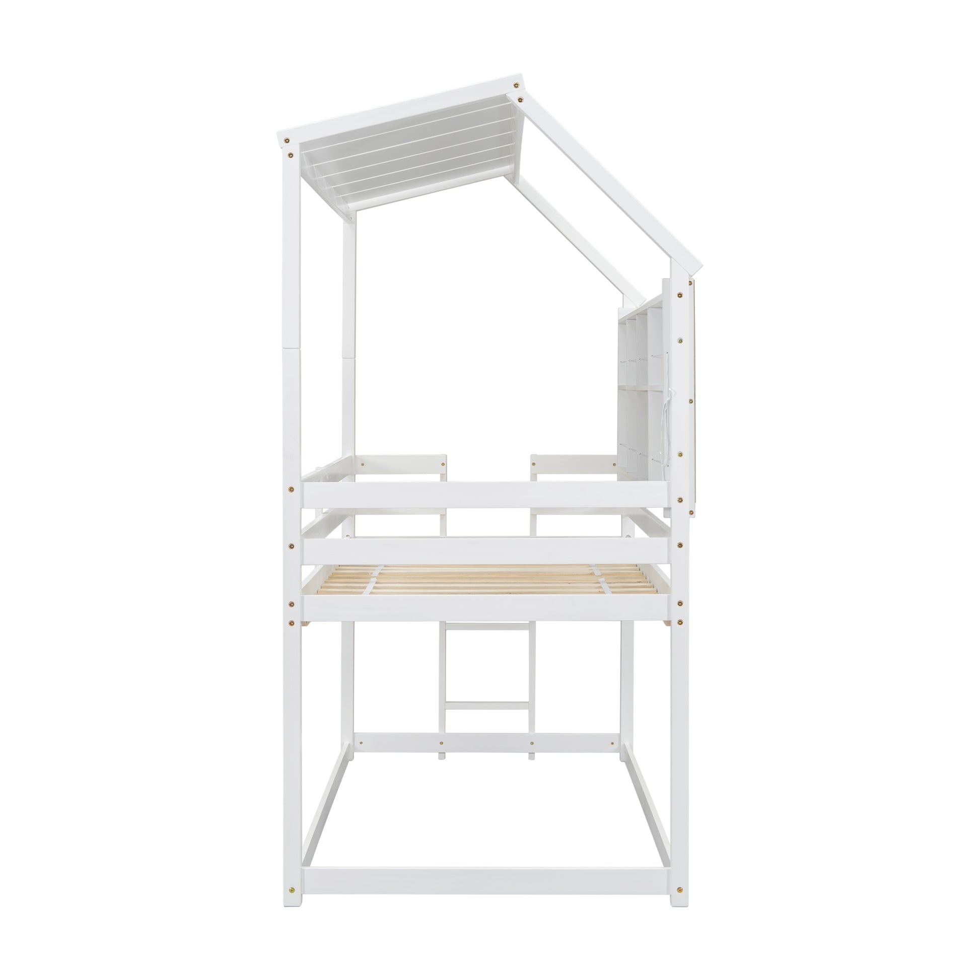 Twin House Loft Bed With Guardrails, Semi Enclosed Roof, Bedside Shelves And Ladder, White Twin White Bedroom American Design Pine Pine