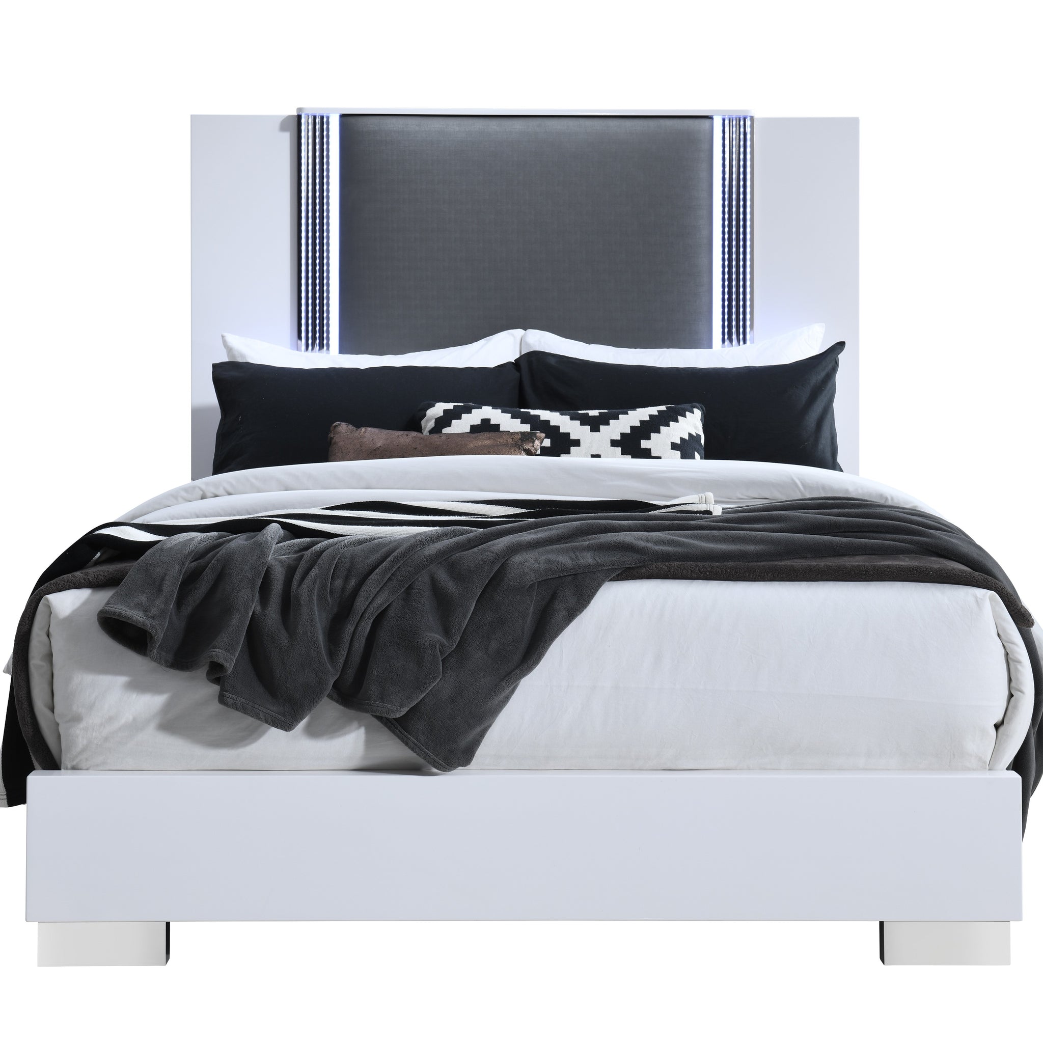 Moon Smooth White Queen Bed With Led White Solid Wood Mdf