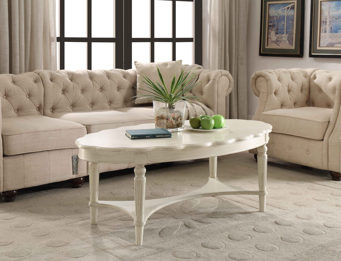Fordon French Antique White Finish Coffee Table Ivory Synthetic Wood