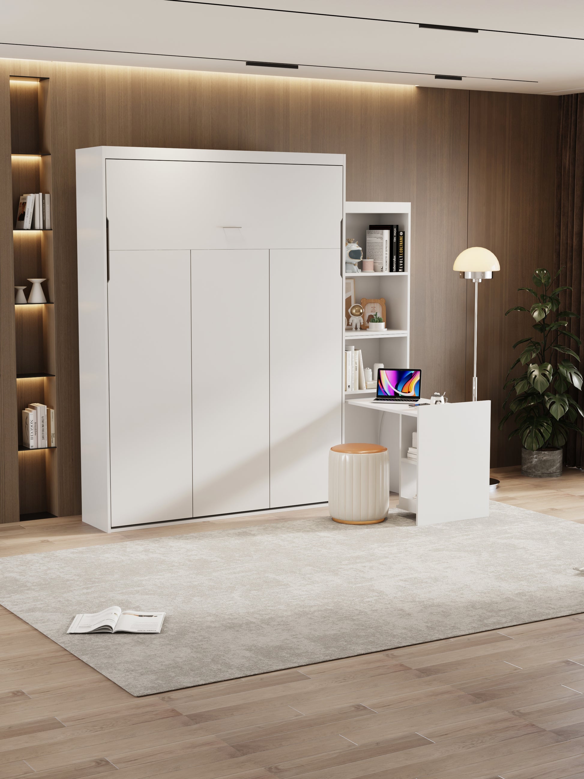 Queen Size Morden Deisgn Big Size Vertical Murphy Bed With Table And Shelf For Bedroom Or Guestroom White Wall Bed Space Saving Hidden Bed With Style Gas Struts Box Spring Not Required Queen White Metal Bedroom Murphy Plywood