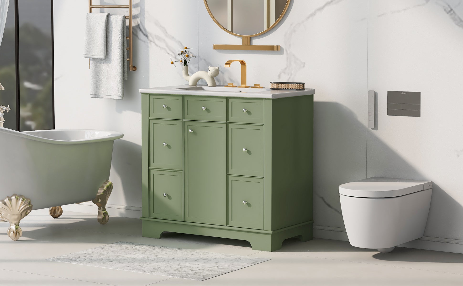 36" Bathroom Vanity With Sink, One Cabinet With Three Drawers And One Flip Drawer, Solid Wood And Mdf Board, Green Green Solid Wood Mdf