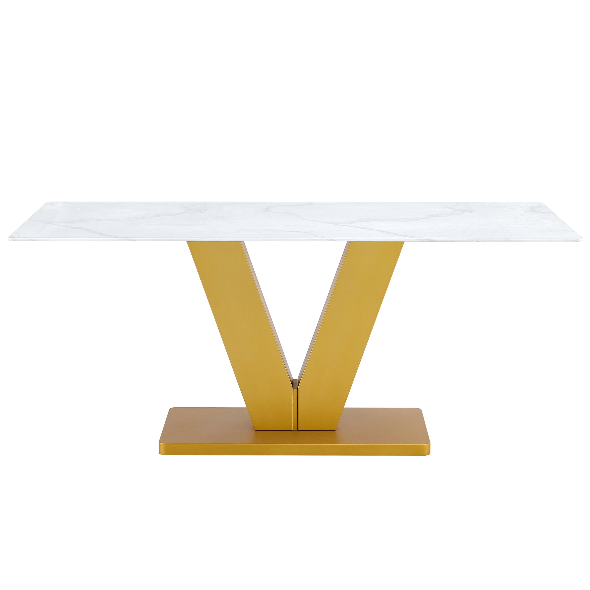 Marble Style White Dining Table For 4 8 People With 0.4 "Table Top And V Shaped Gold Mdf Table Legs Ideal For Kitchens, Dining Rooms, Living Rooms And Banquet Halls Gold Mdf Glass